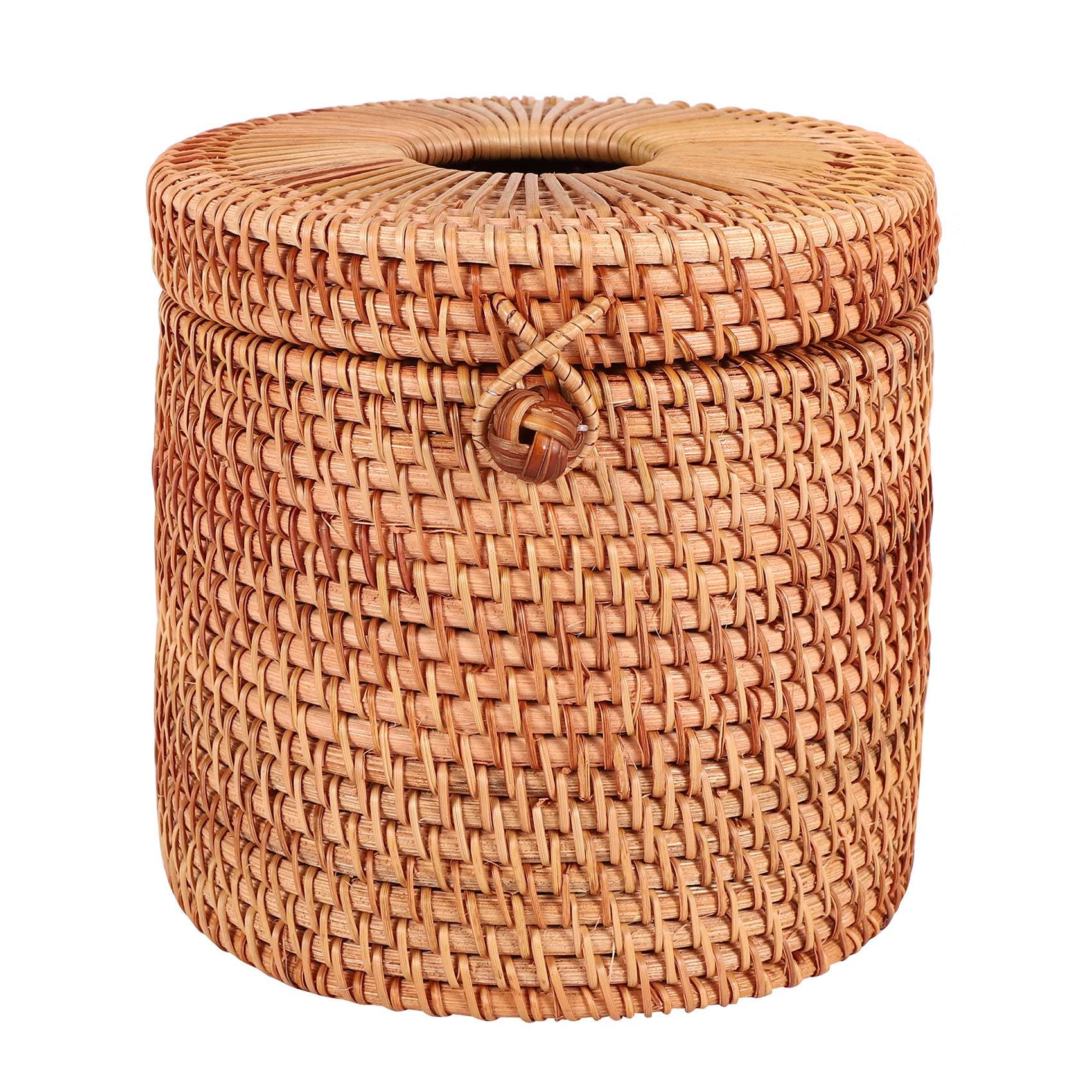 Plmvhpb Wood Color Rattan Tissue Box Toilet Paper Cover Wicker Decorative Holders With Lid For Storage Single Roll And Tissues In Bathroom