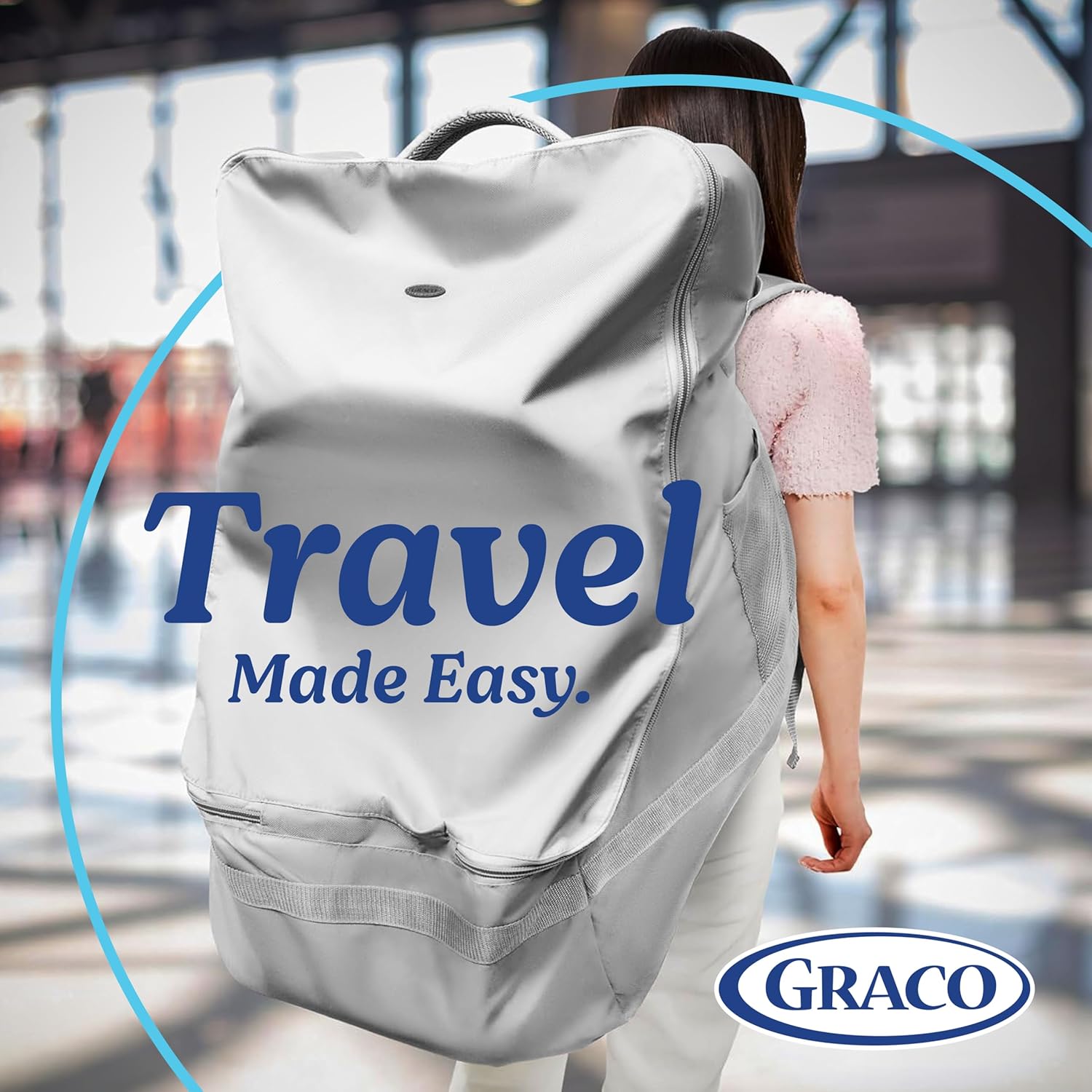 Graco Padded Car Seat Travel Bag & Infant Carrier Backpack, Durable Large Back Pack for Carseats & Booster Seats, Airport Gate Check Bag Luggage, Double Padded Strap, Water Resistant Material, Gray