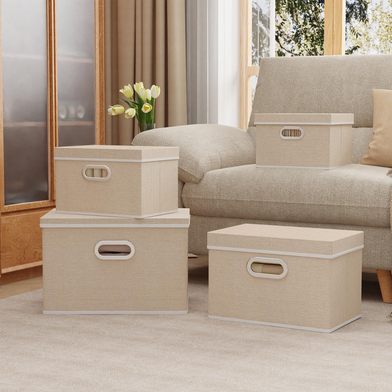 Yawinhe Scatole Portaoggetti con Coperchi, Set di 3 Lavabile, Stoccaggio in Tessuto con Manici, Contenitore per Armadio, per Conservare Vestiti, 45x30x30cm, Beige
