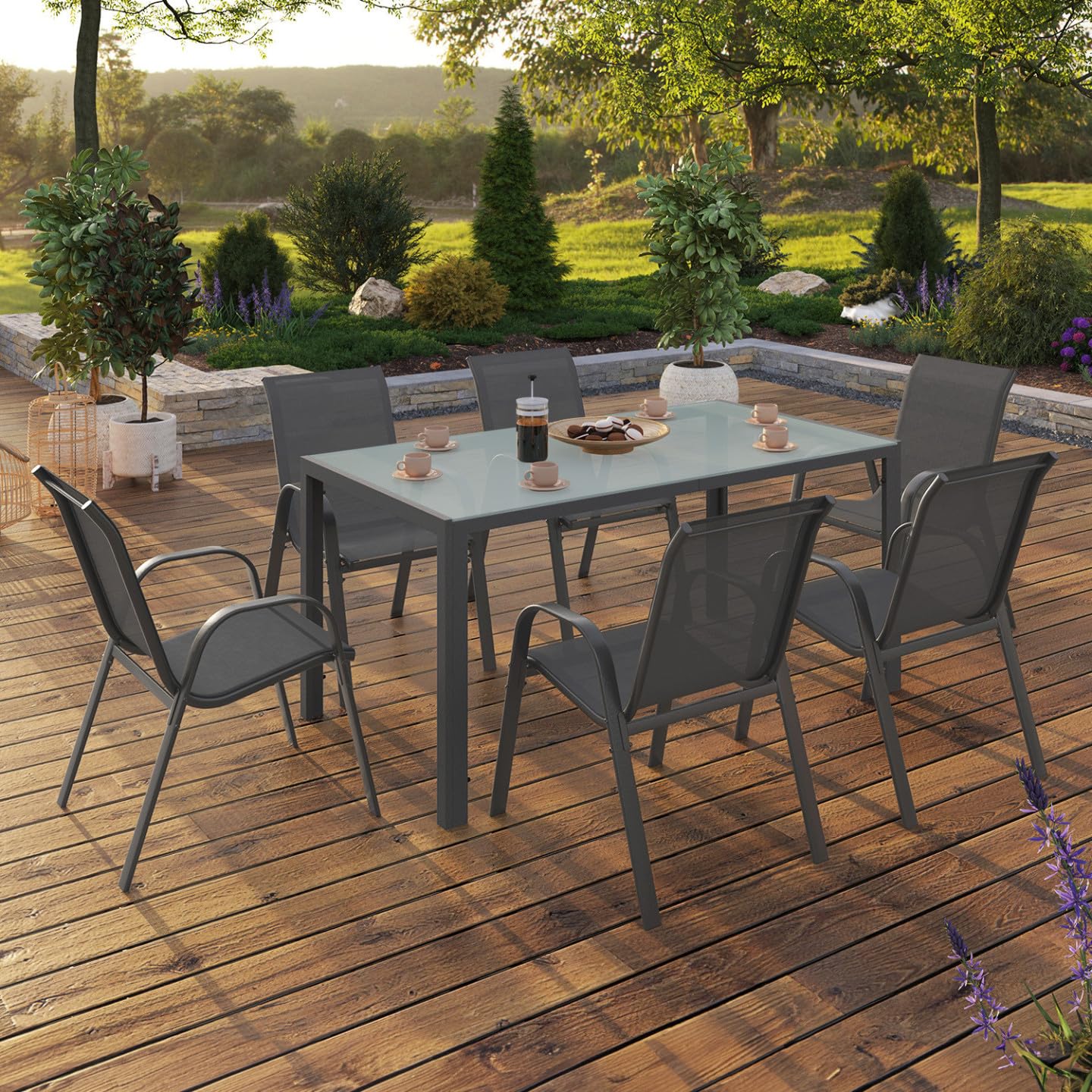 IDMarket - Salon de Jardin Madrid Table 150 CM et 6 chaises empilables Gris Anthracite Plateau Clair