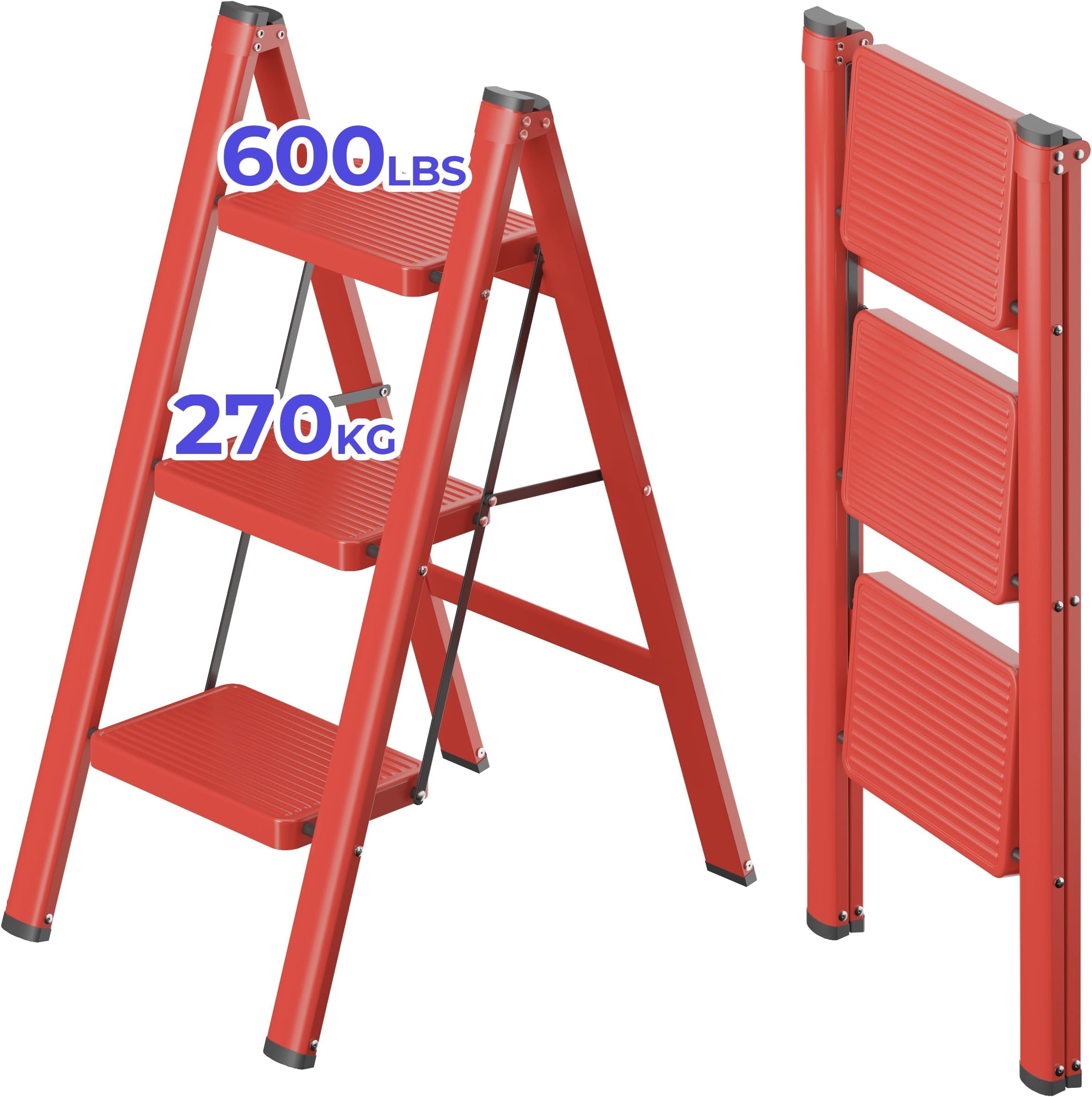 JOISCOPE 3 Step Ladder 270 KG Load Capacity Folding Step With Anti Slip Wide Treads, Lightweight Folding Ladder, Portable Foldable Stool, Multifunctional Small Step Ladder for Indoor/Outdoor, Red