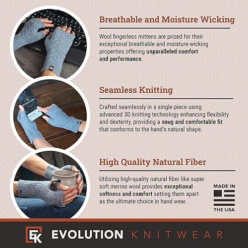 Miniatura 2 de Evolution Knitwear Guantes de lana de punto trenzado sin dedos, lana merino súper suave, fabricados en los Estados Unidos, talla S