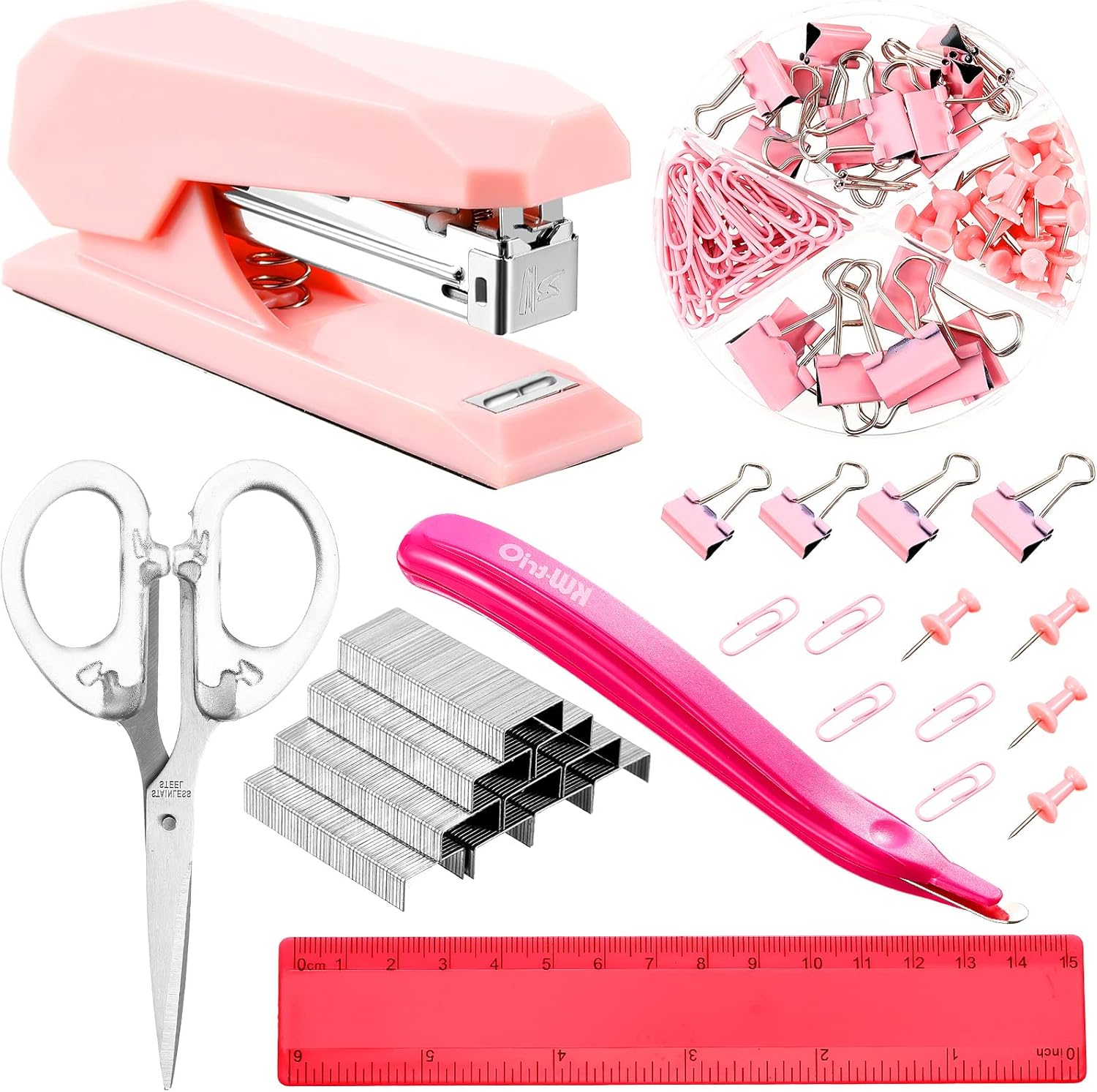 6パック ピンクホッチキス 日本未発売 オフィス用品セット かわいいオフィスデスクアクセサリー 小さなオフィスステープラー バインダークリップ ペーパークリップ 定規 ホチキス針リムーバー 1000 はさみ オフィス用 レディース 26 6ホチキス針付き