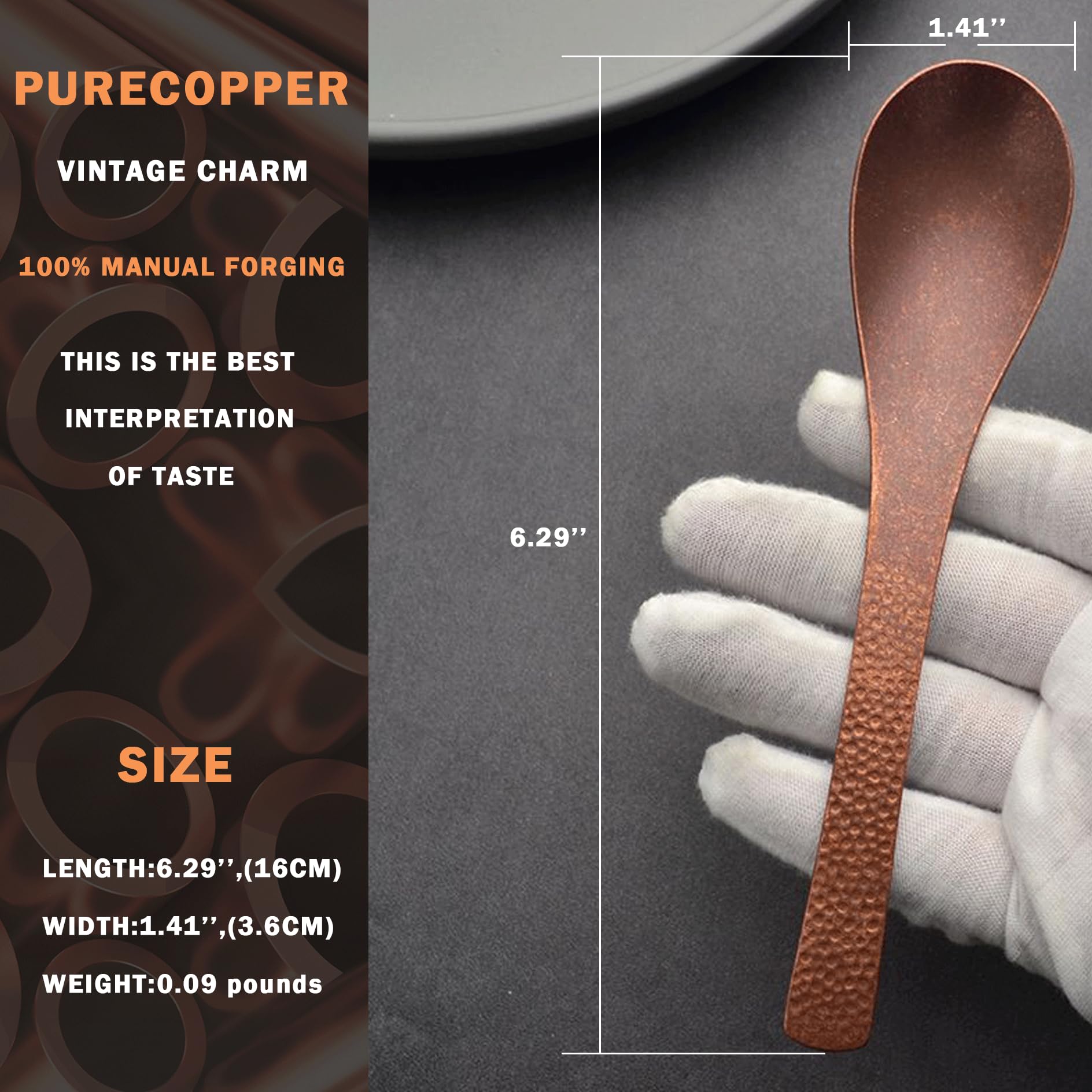 Vaisselle rétro en cuivre, cuillère japonaise faite à la main, texture martelée, adaptée pour la maison et le restaurant – Cuillère à dessert, cuillère à café, cuillère à café (2 pièces)