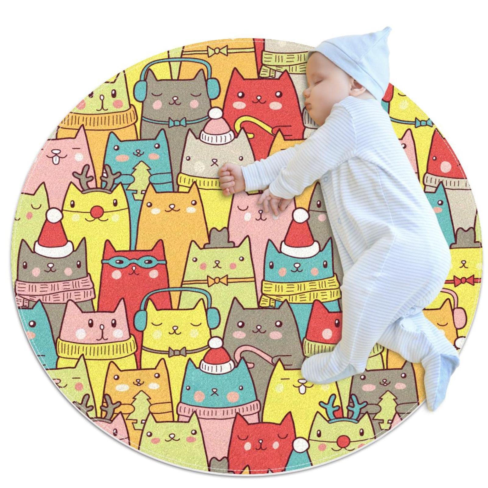 Tapis de salle de bain antidérapant rond 1m motif chat de Noël pour chambre à coucher
