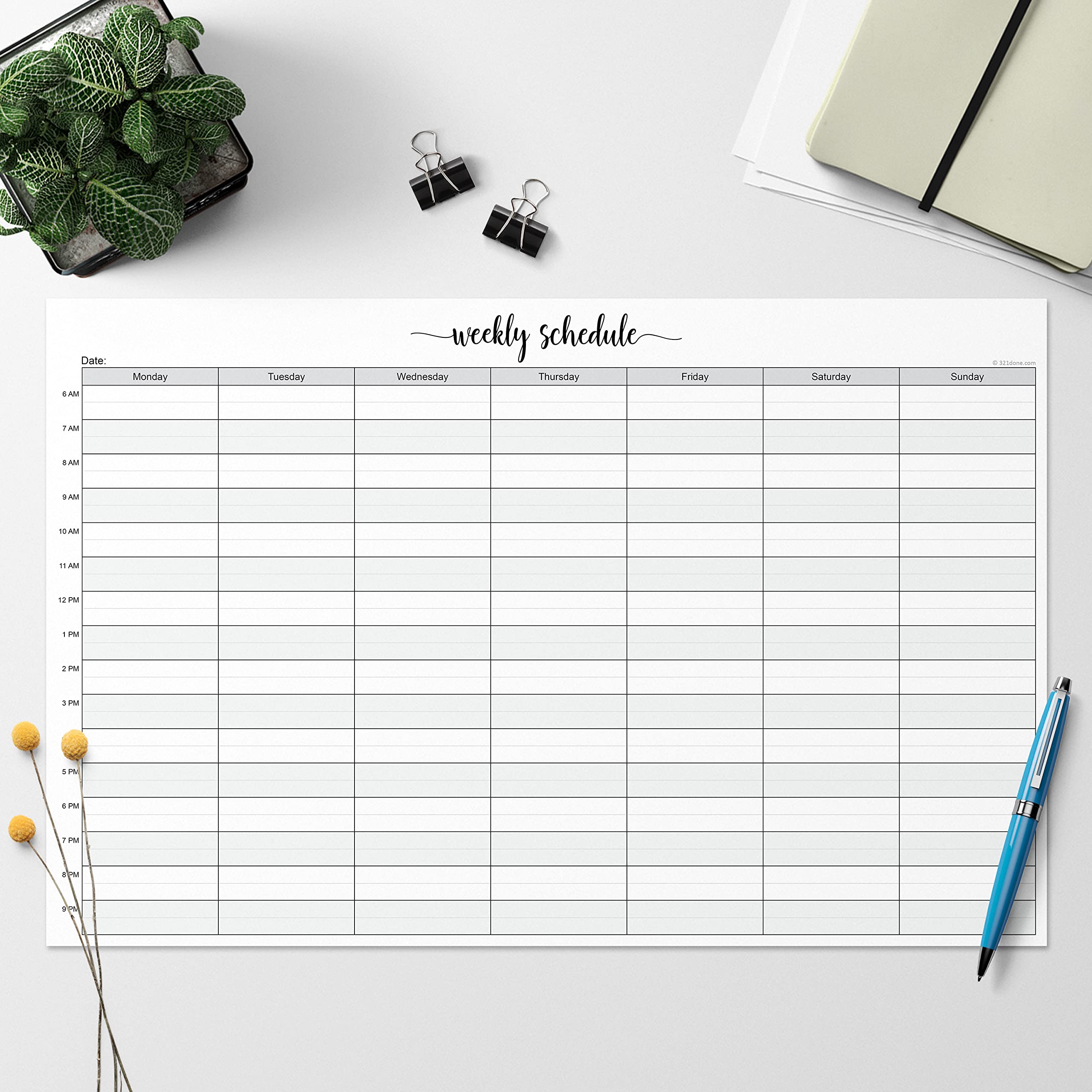 321Done Bloc de notas de planificación semanal – 50 hojas (11 x 17) – Planificador semanal de productividad de citas por hora, bloc de notas arrancables – Bonito texto simple tamaño extra grande –