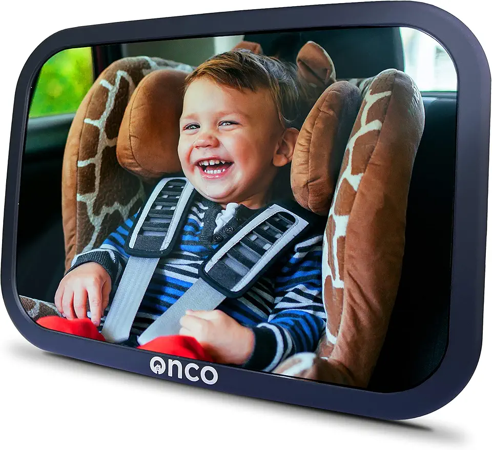 Onco Baby Car Mirror Rear Facing - Double Award-Winning Convex Car Mirror for Baby, 100% Shatterproof &amp; Shakeproof with 360° Rotation, Newborn Essentials (9.6 x 6.9 in)