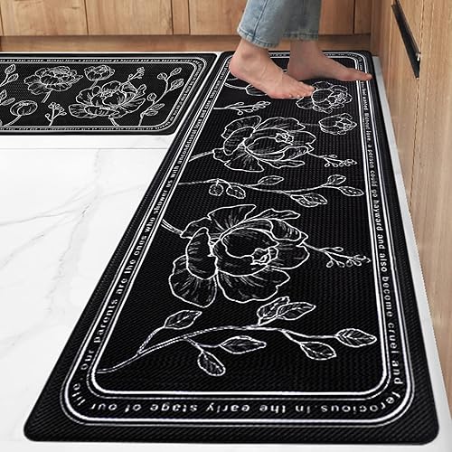 ROTTOGOON Kitchen Floor Mat Set of 2, Cushioned Anti Fatigue Kitchen Mat 17"x47"+17"x29", Non-Slip Waterproof Kitchen Rug, Premium PVC Comfort Kitchen Mats and Rugs for Kitchen, Office, Home, Laundry - 17"x47"+17"x29" - Black