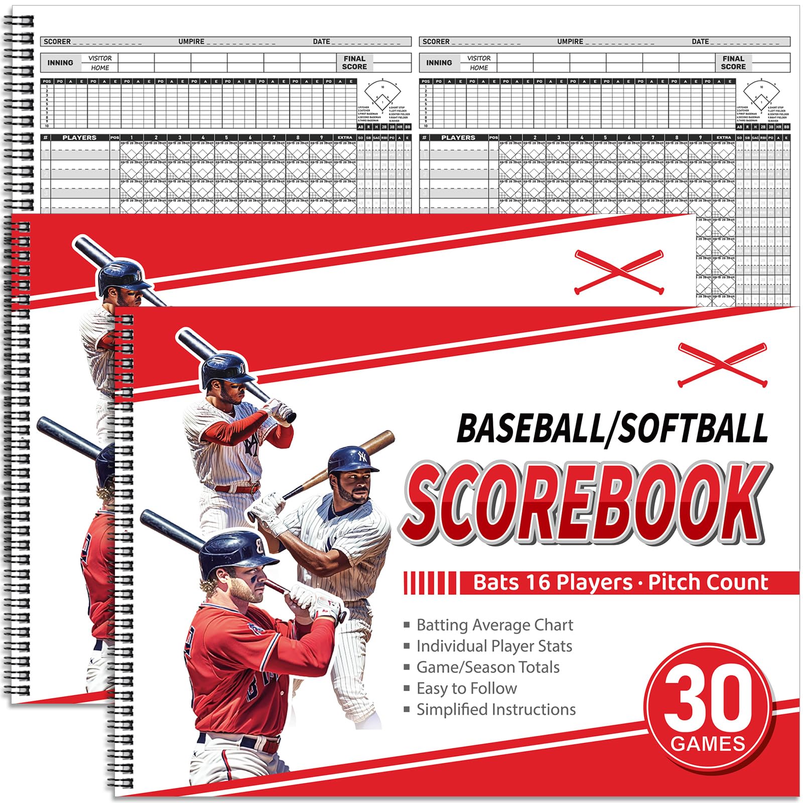 Chiisong 2 Pcs Side by Side Baseball Scorebook 11.5x16 30 Game Softball Scorebook Score Keeping Book Baseball Stats Book Individual Player Stats