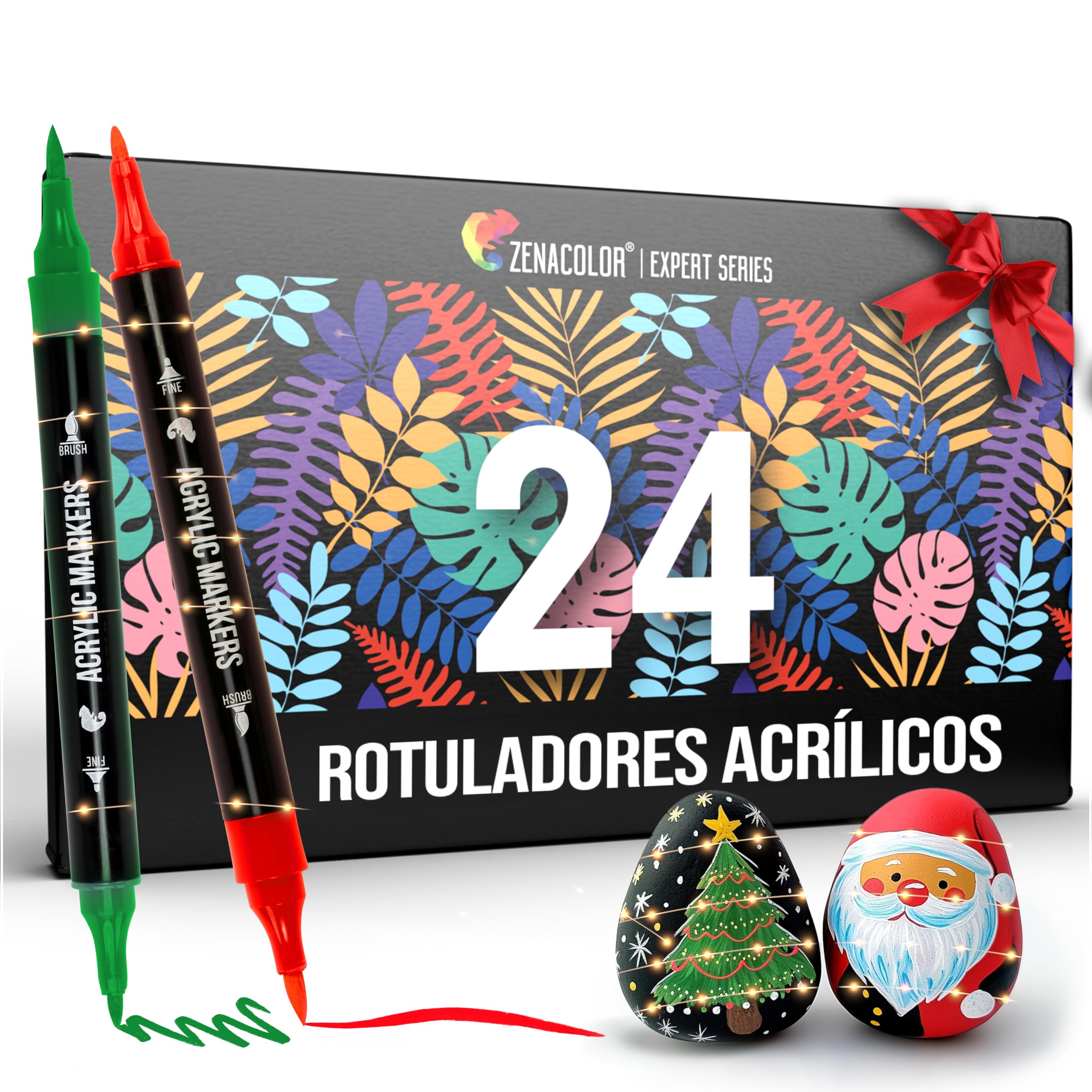 Zenacolor Rotuladores Acrilicos con Doble Punta (Punta Fina y Pincel) - 24 Colores únicos de Rotuladores Permanentes para Distintas Superficies y Obras de Arte - Rotuladores Acrilicos Permanentes