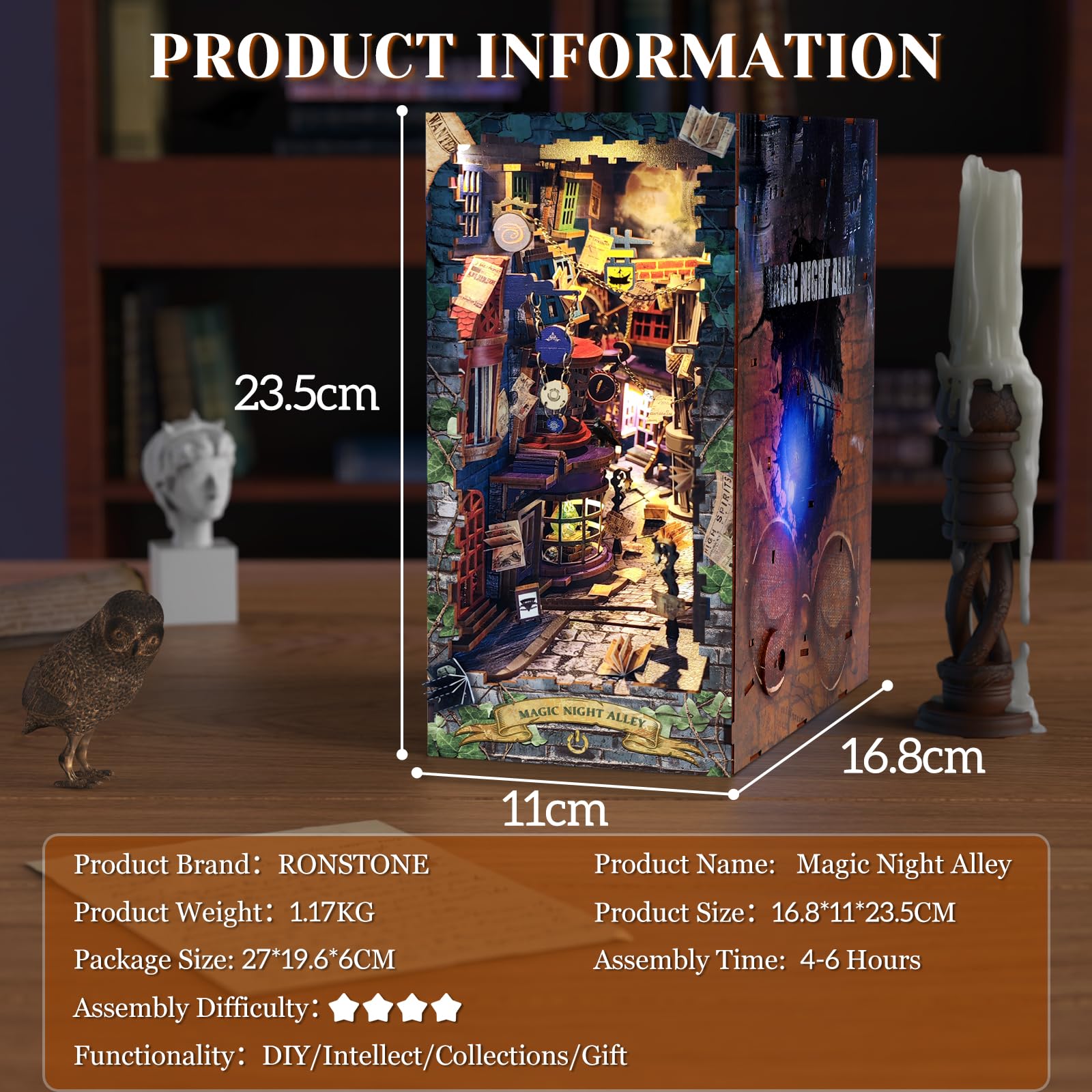 RONSTONE Book Nook - Vicolo Magico Notturno Casa Delle Bambole con Copertura Antipolvere e Luce LED - Puzzle 3D Fermalibri in Legno Inserto per Libreria Regalo Creativo
