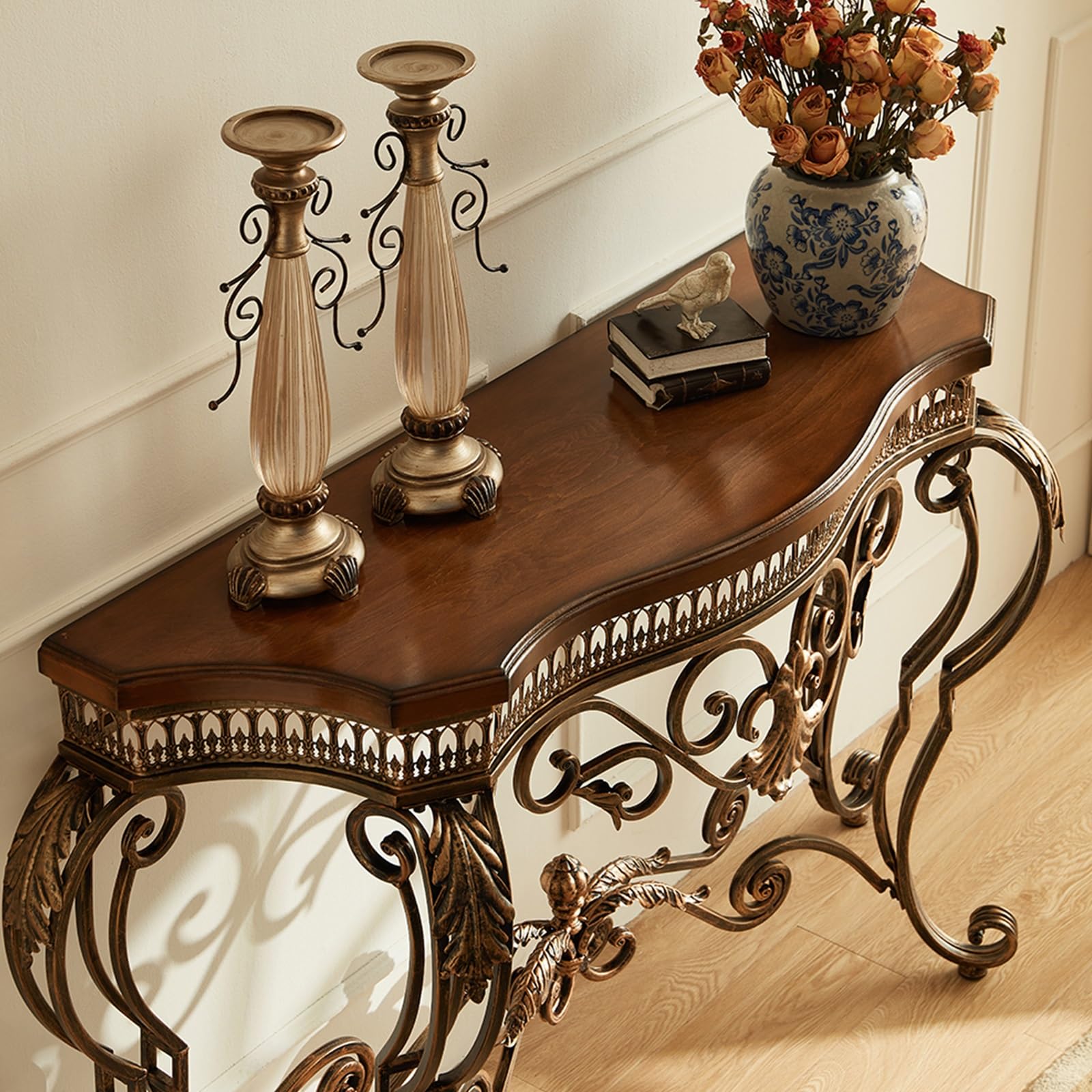 Vintage Iron Console Table with Brown Wood Top, Narrow Entryway