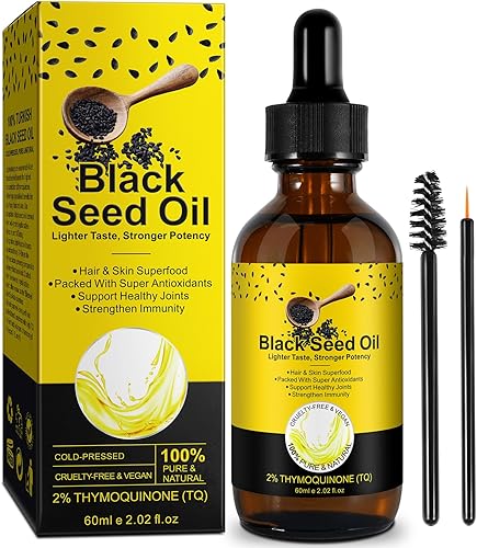 Aceite de semilla negra  Aceite de semilla negra 100% puro sin refinar, orgánico natural prensado en frío con 2% TQ y una armonía dinámica de omegas