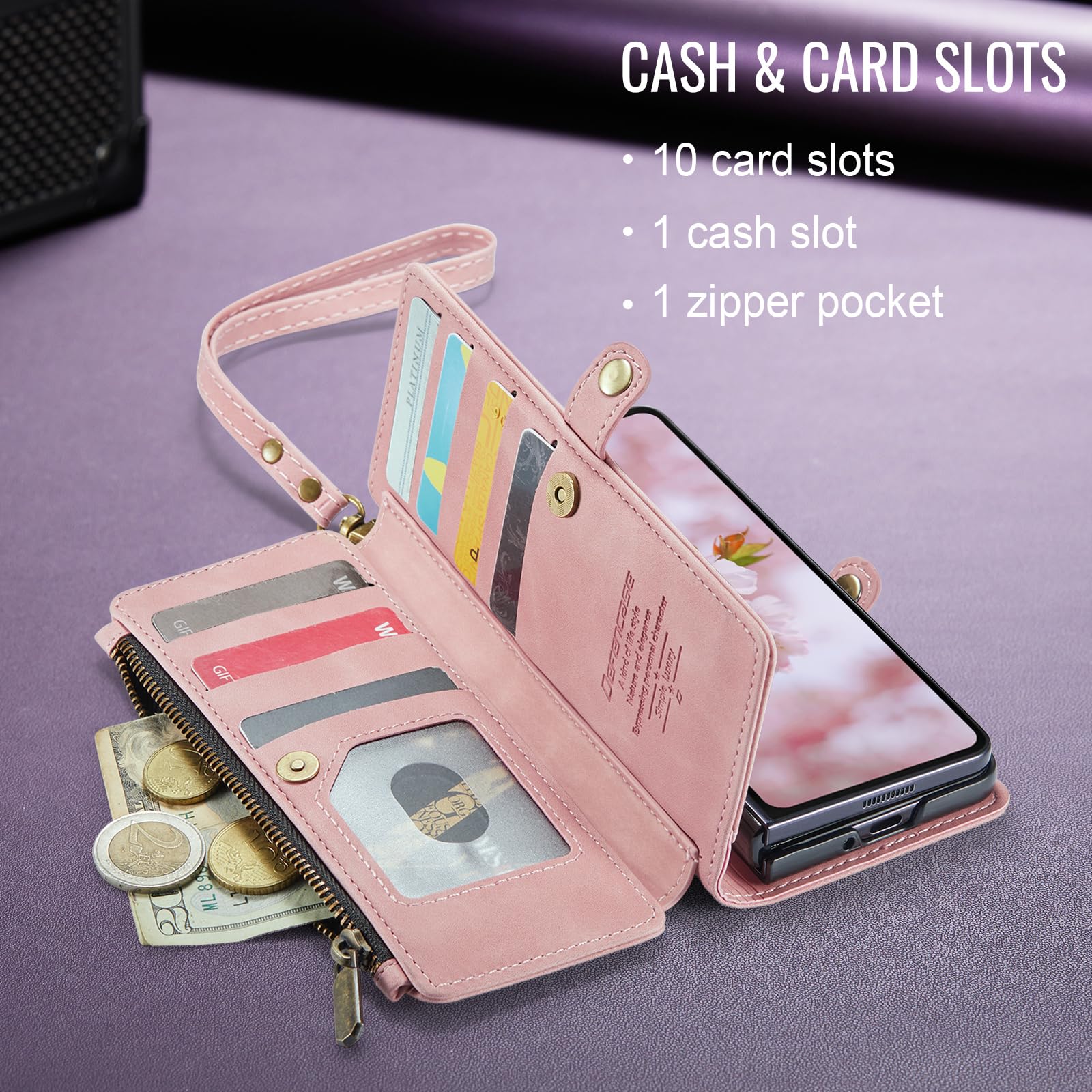 Defencase Funda tipo cartera para Galaxy Z Fold 8 Ultra con tarjetero | Con bolsillo con cremallera RFID, piel sintética suave y duradera, pulsera, fundas con tapa para teléfono con soporte para