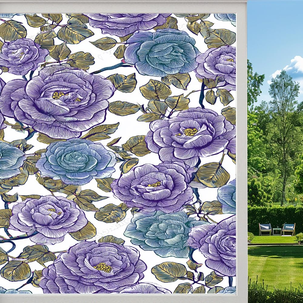 Pmlbaous Colorful Roses Stained Glass Window Film, Retro Natural Flowers Peel And Stick Privacy Film, Frosted Adhesive Vinyl Decorative For Bathroom Windows Glass Doors, （55X100cm）