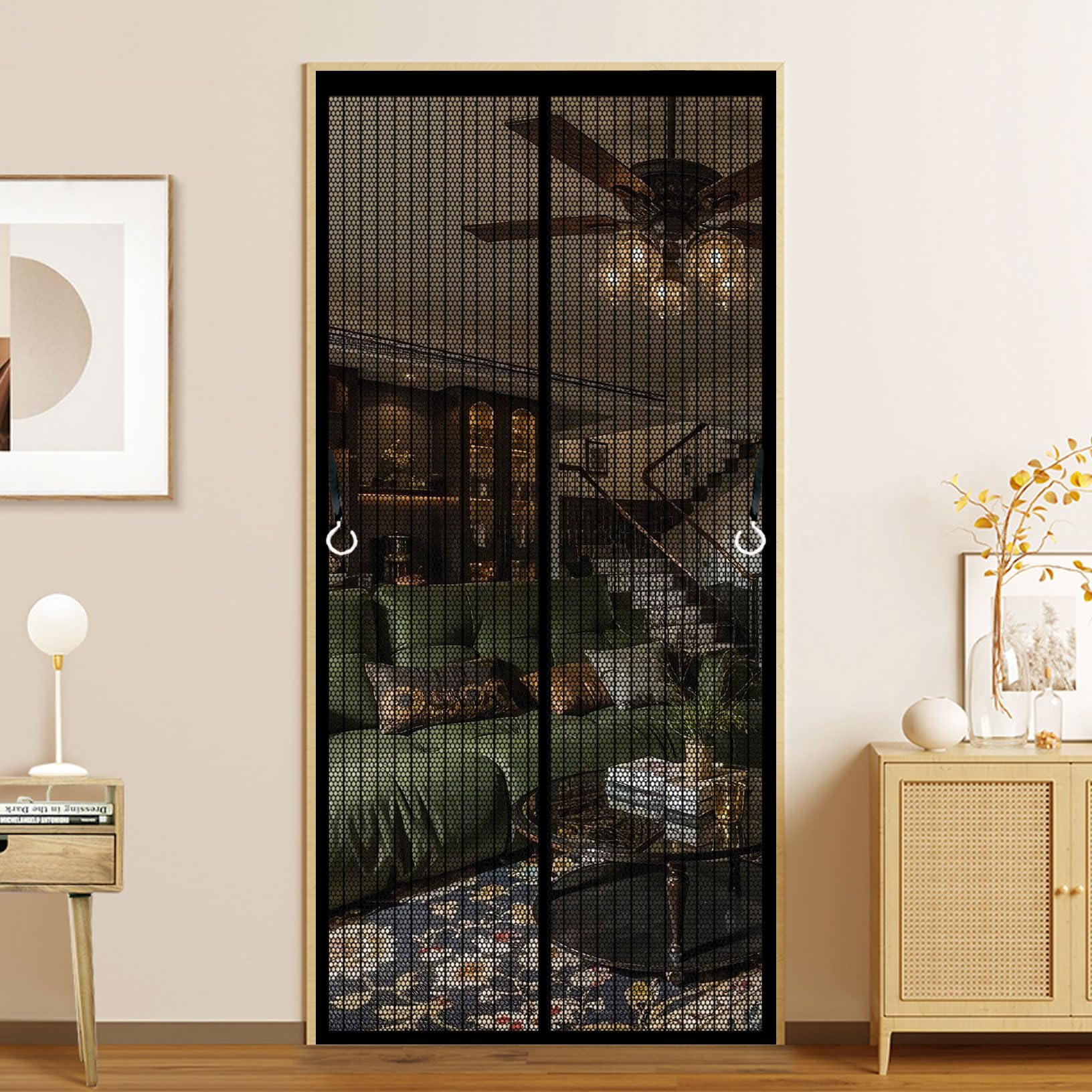 Fly Screens for Doors 120 x 146 cm Durable Polyester Mesh, Keeps Bugs Out Nets Patio Curtain Insect Mesh Easy to Install Without Drilling for Home, Office and Store, Black