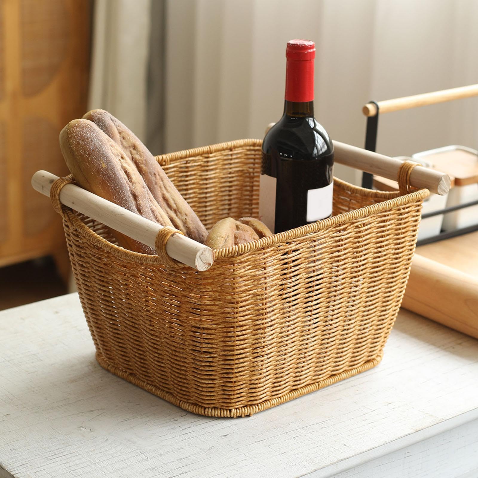 Cesta de Almacenamiento con Diseño Vintage Tejida a Mano Organizador Multiusos con Asas Bandeja de Imitación Ratán Fuerte y Madera Apta para