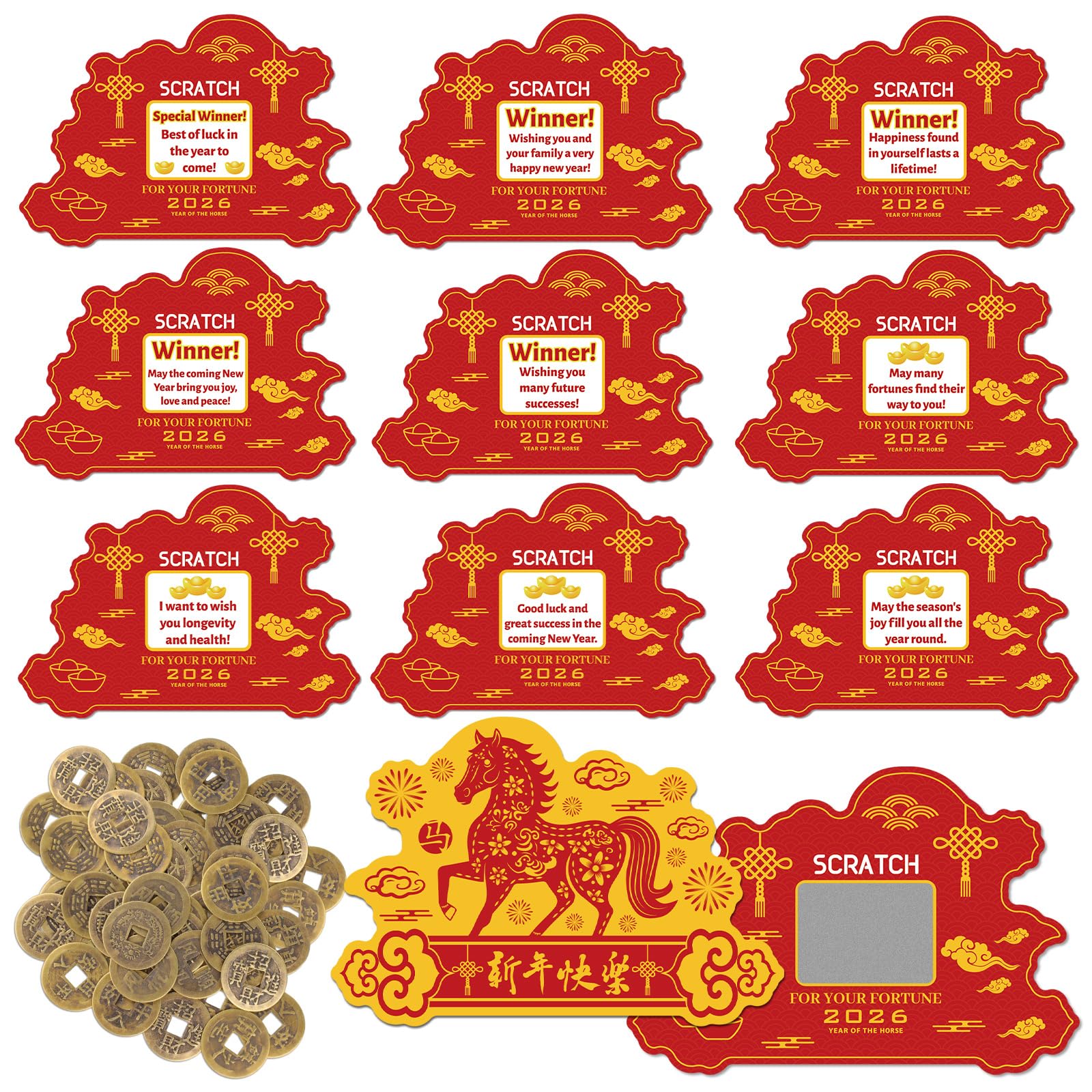 Wiooffen 50PCS Chinese New Year Scratch Off Cards Year of The Snake Scratch Off Fortune Cards with 25 Chinese Fortune Coins 2025 Chinese New Year Party Decorations Lunar New Year Party Supplies