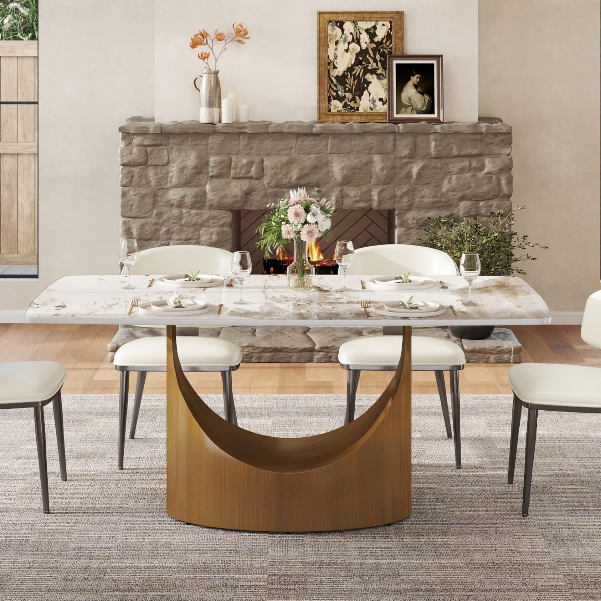 63" Sintered Stone Mid-Century Modern Rectangle Dining Table for 6, Luxury Marble Dining Table, Pandora Table Top (Table top only)