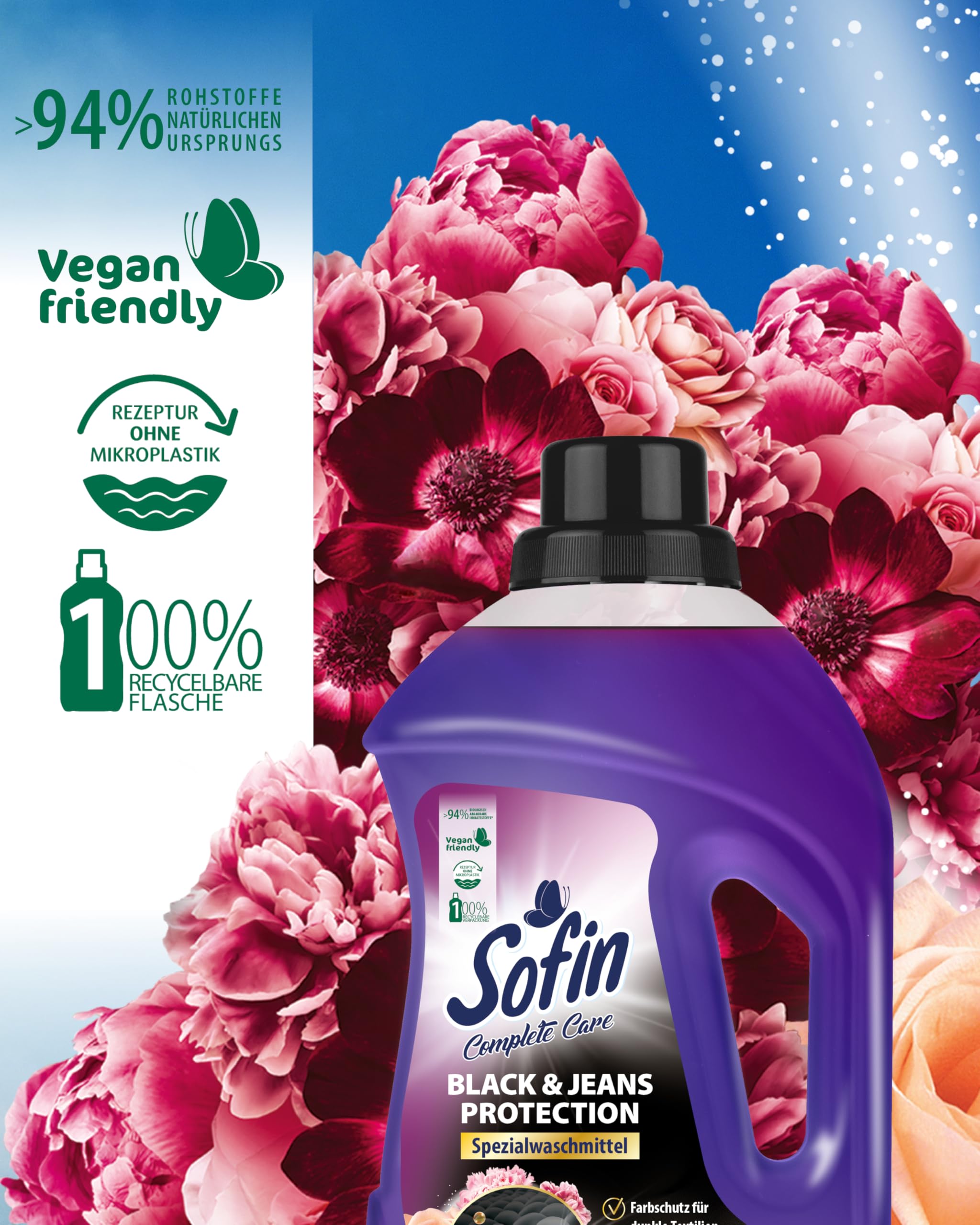 Sofin Black & Jeans Protection Spezial-Waschmittel flüssig 1,1L 8er Set - Flüssigwaschmittel für Buntwäsche & Jeanskleidung, Formel für langanhaltende Frische