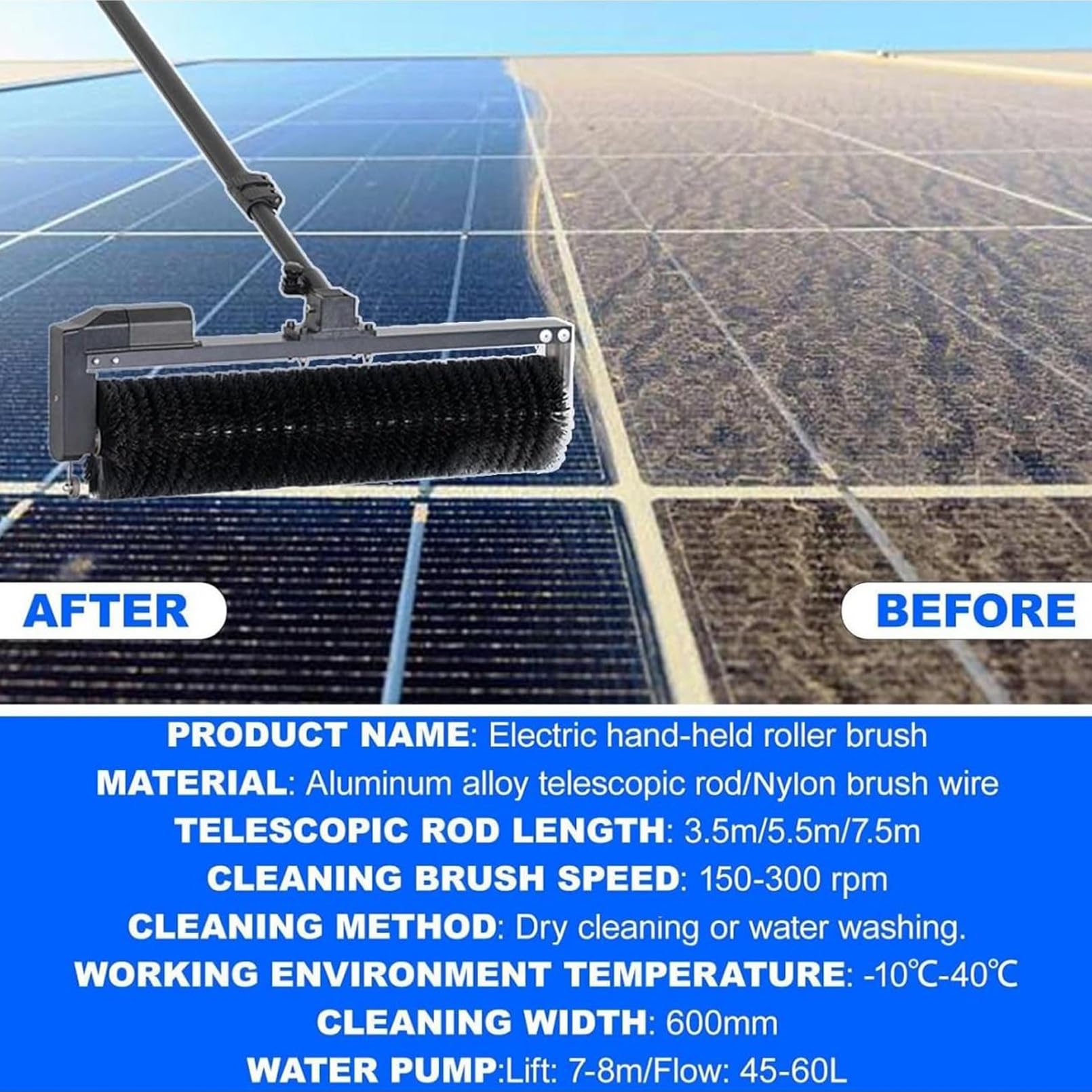 Cepillo de Limpieza para Paneles solares de 60 cm con Mango telescópico, Herramienta de Lavado a presión para Exteriores de 7,5 m, Limpiador de Rodillos eficiente para pa