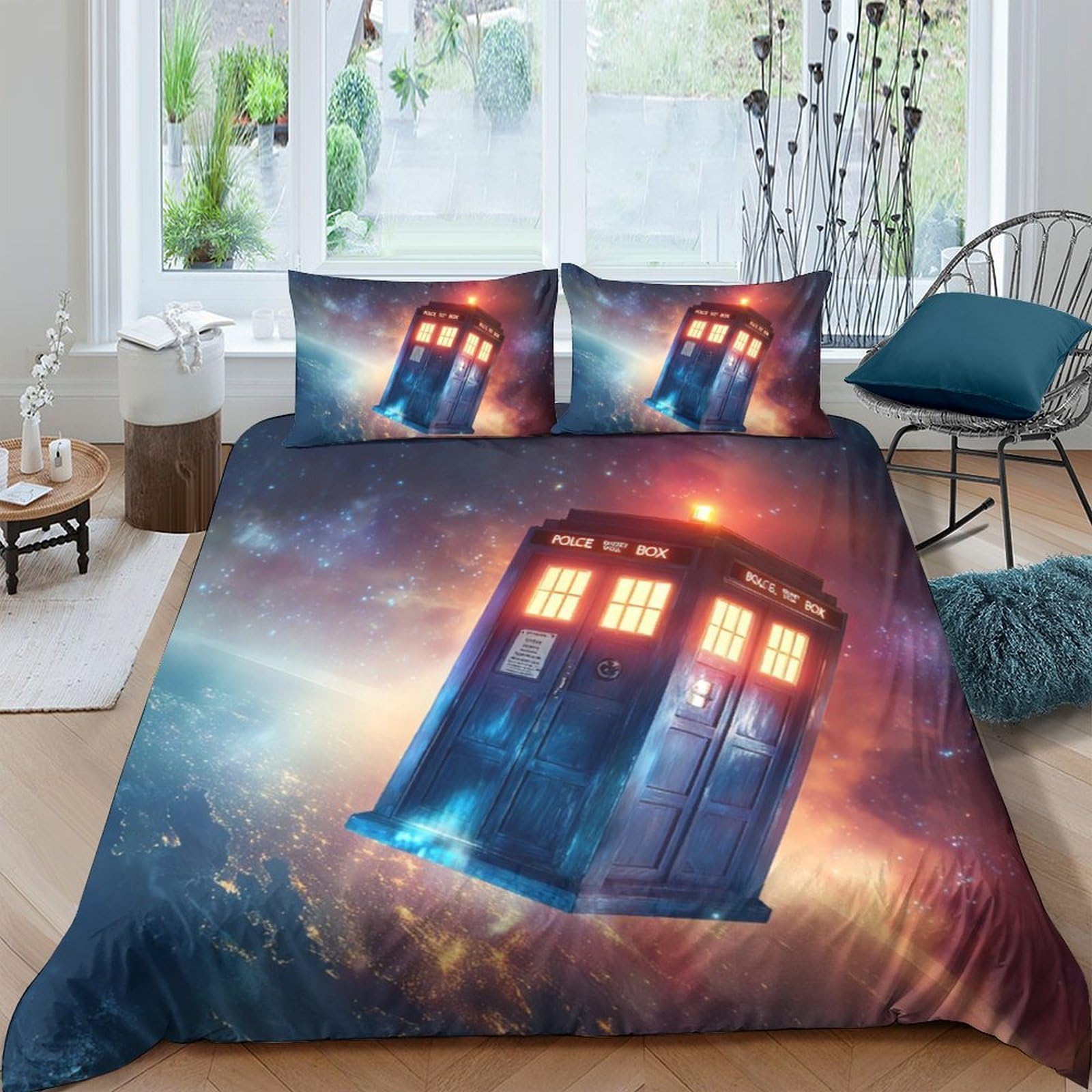Ctjqhvkz Style-2 3D Printed Blue Police Box Fitted Sheet Microfiber Soft Bedroom Decor Sci-Fi Galaxy Bed Cover For Home Dorm Single（135X200cm）