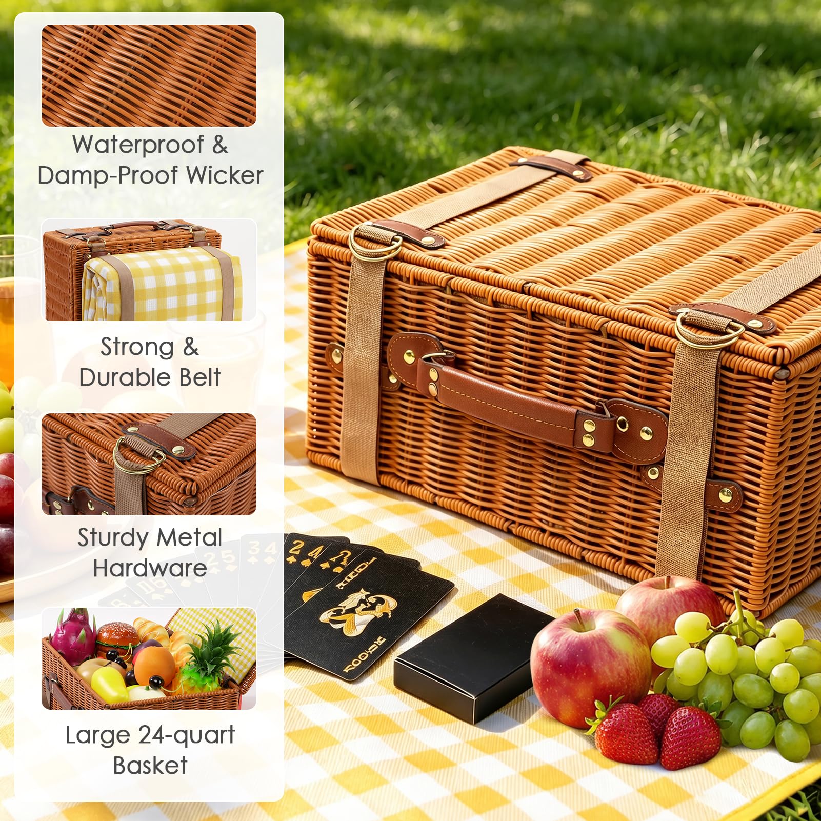 DEWEL - Set di cestini da picnic per 4 persone, con coperta da picnic resistente e impermeabile, borsa termica e set di carte, ideale per campeggio, gite