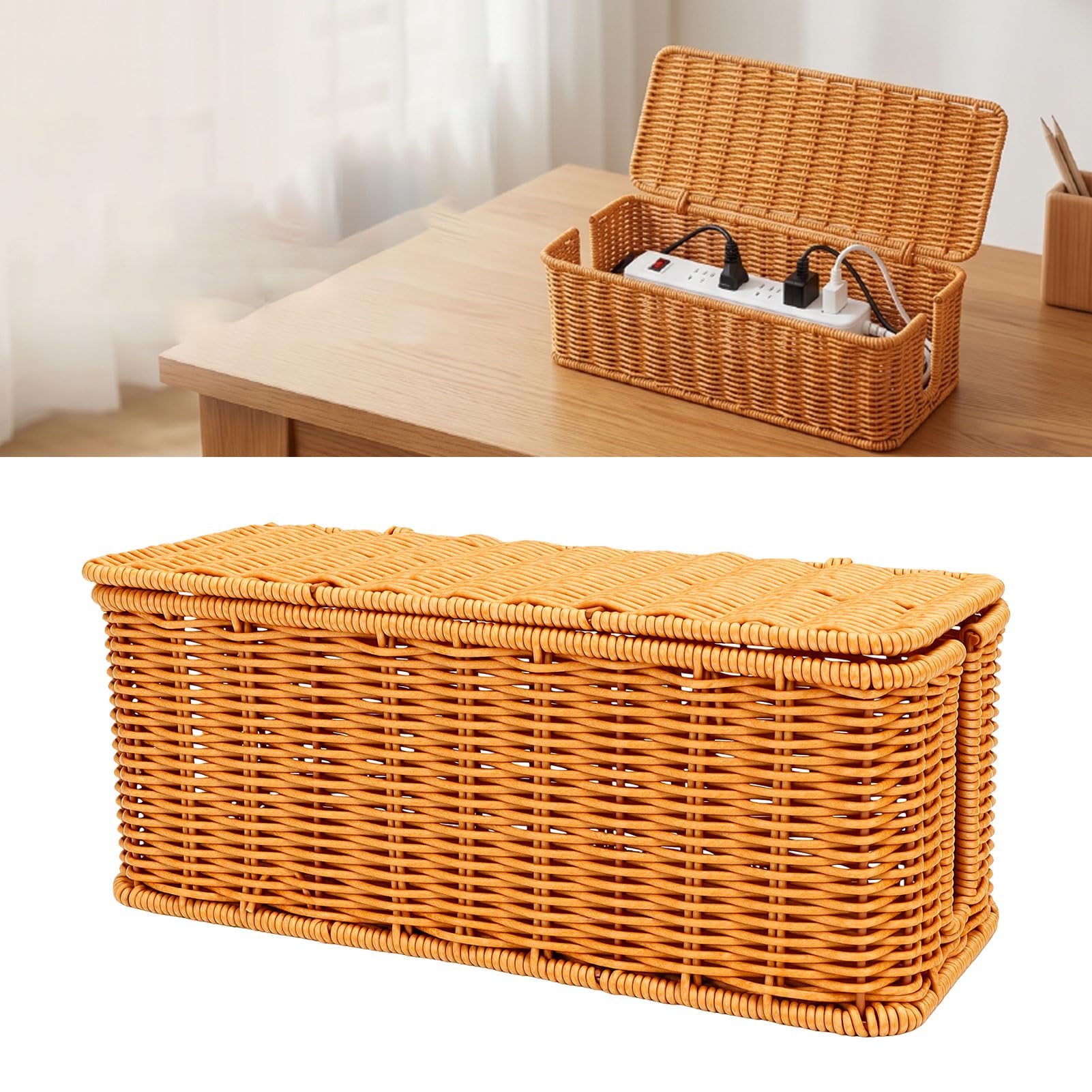 SIXRUN Scatola Gestione Cavi, Scatola Organizer per Cavi Intrecciati in Rattan con Coperchio Intrecciato a Mano, Copertura a 180 Gradi, Adatta a Prese Multiple Fino a 12 X 5 Pollici, per Scrivania,