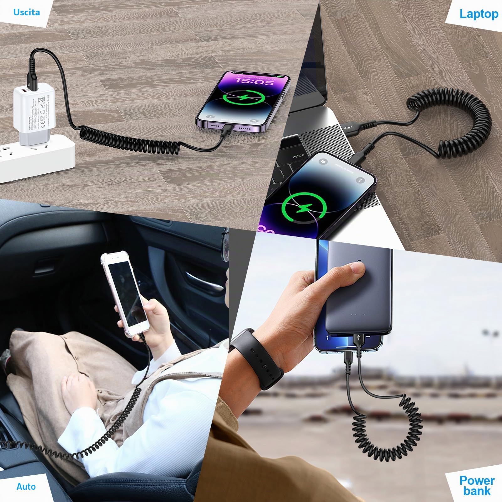 Cavo a spirale USB A a Lightning, [Certificato MFi] Cavo CarPlay per dati, Cavo di ricarica per iPhone Auto USB Lightning Cavo di ricarica rapida per iPhone 14 Pro/14 Plus/14/13/12/11/SE/X/XS/XR/8