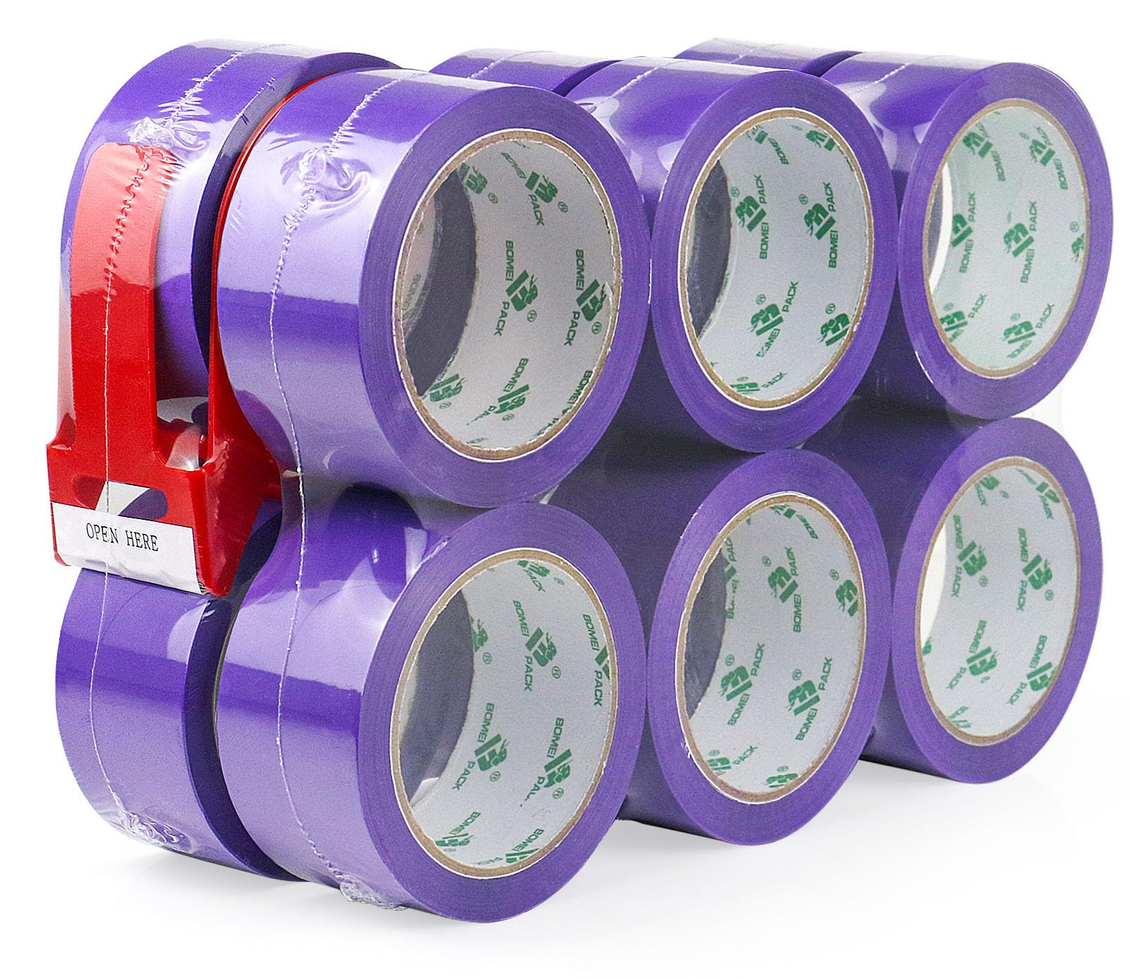 BOMEI PACK Purple Packing Tape with Dispenser, 2.4 Mil 1.88 Inch x 60 Yards, 12 Refills Rolls Purple Color Box Packaging Tape for Moving, Shipping,