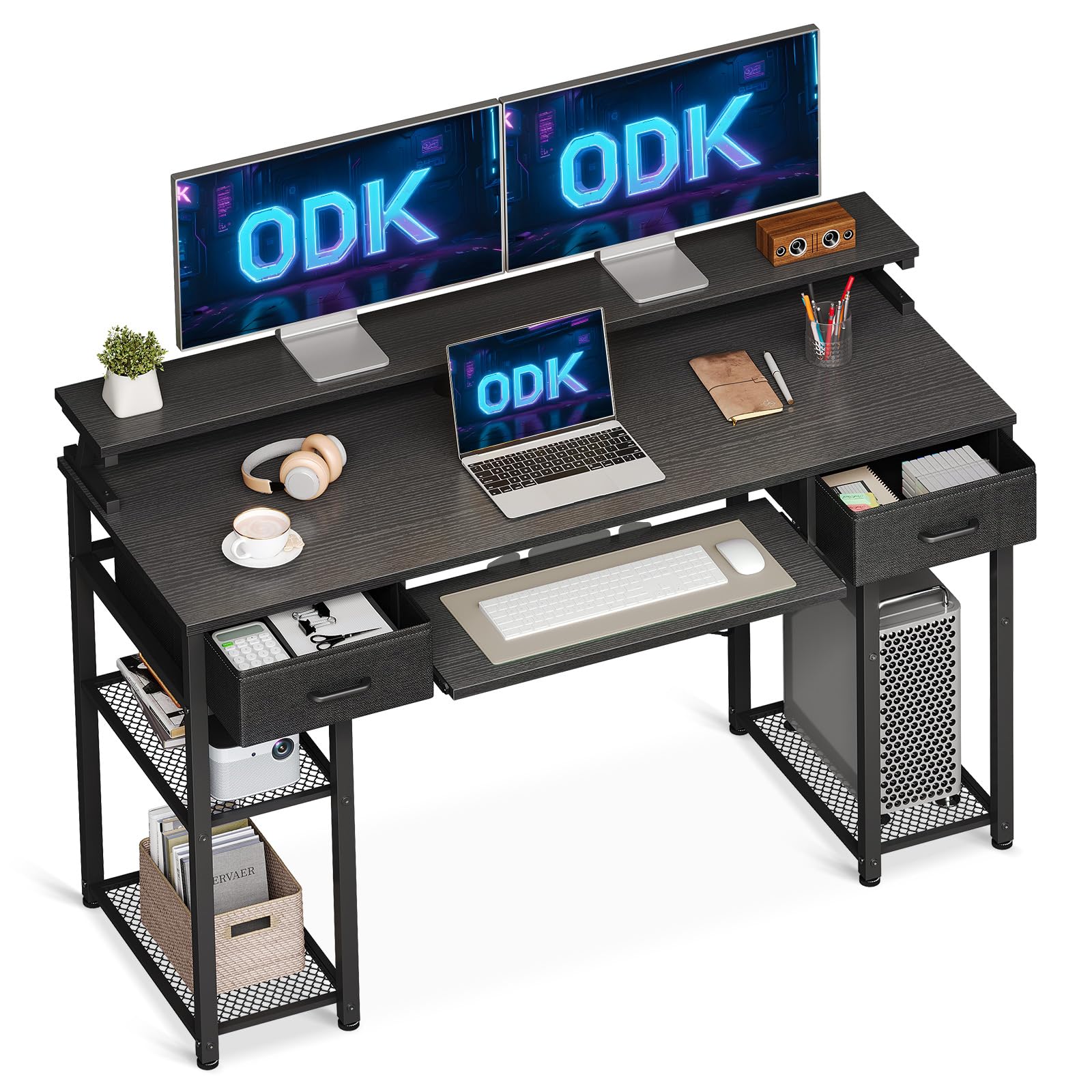 ODK Escritorio con 2 Cajones, Mesa Escritorio con Bandeja para Teclado y Soporte Monitor, Mesa de Ordenador con Estante Extraíble para Oficina (Negro, 120x48x90cm)