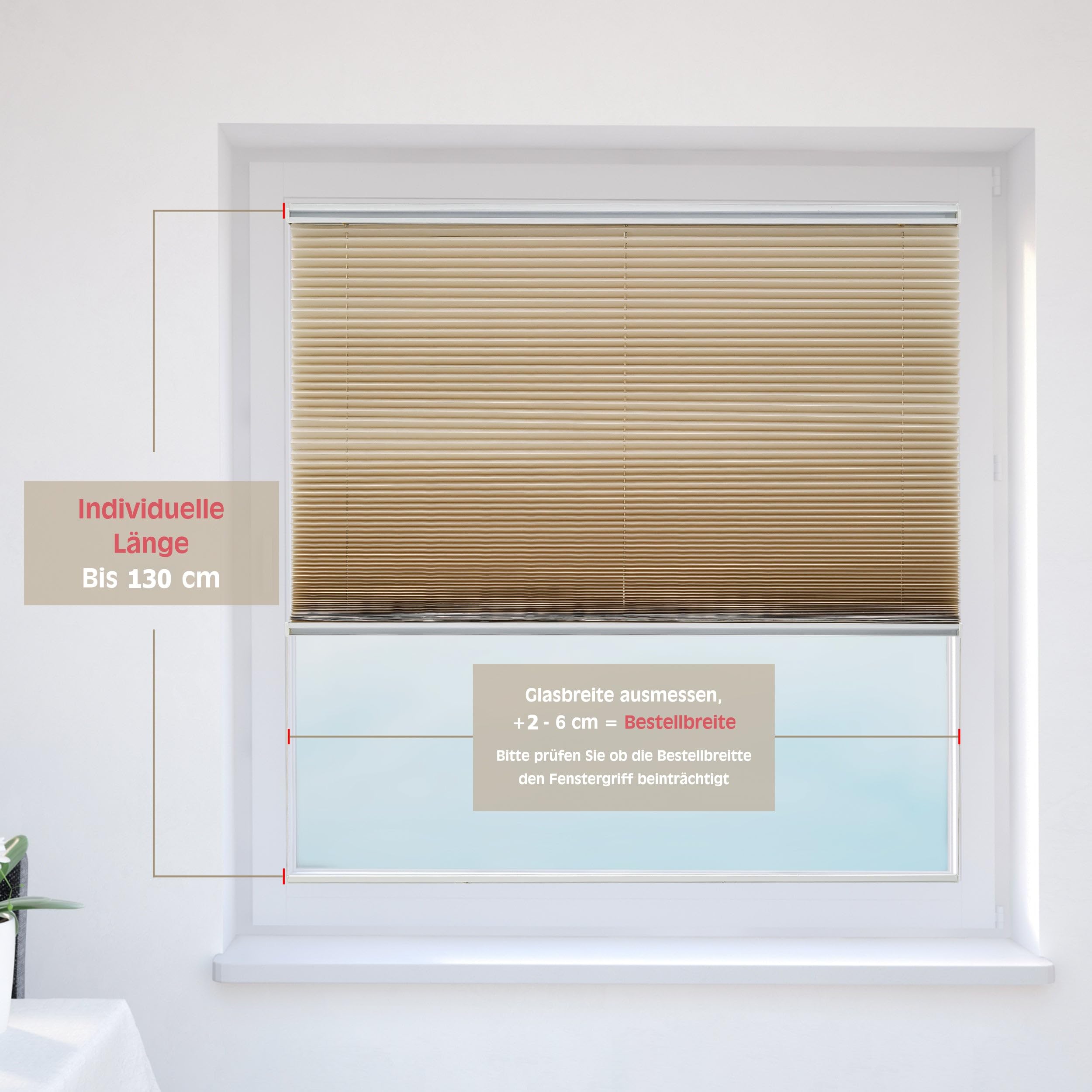 Brillant® Premium Plissee ohne Bohren zum Kleben, Plisseerollo mit Aluminium-Klebeleiste | Sonnenschutz & Sichtschutz für Fenster & Balkontür | Beige - Sand | 80x130 cm (BxH)