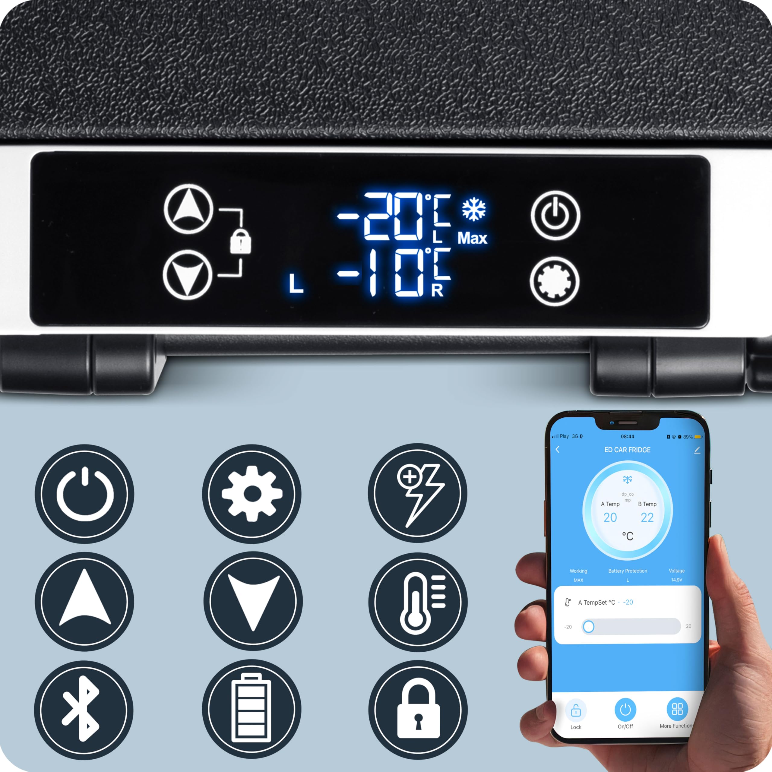 Berdsen Icemax 400 Kompressor Kühlbox 40L – tragbare 2-Zonen Gefrierbox – 12V/24V & 230V Auto Camping Kühlschrank – Bluetooth App – ECO/MAX – bis -20 °C – 45 dB