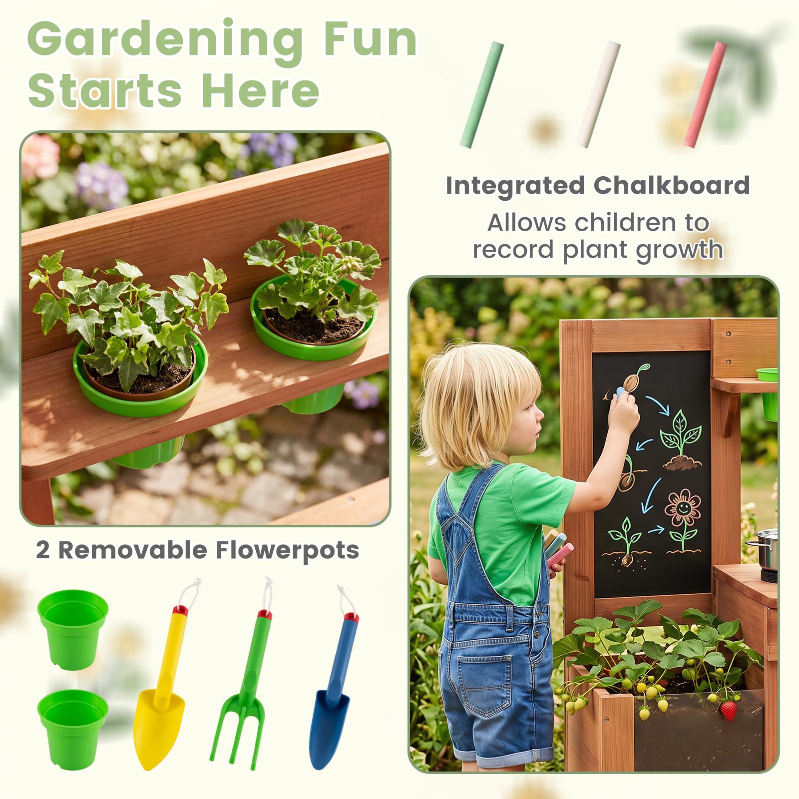 COSTWAY Cucina Giocattolo per Bambini, in Legno, per Bambini 3+ Anni | Cucinetta da Esterno con Fioriera, Lavagna, Rubinetto e Serbatoio, Cucina da Fango Interattiva con Accessori per Giardinaggi