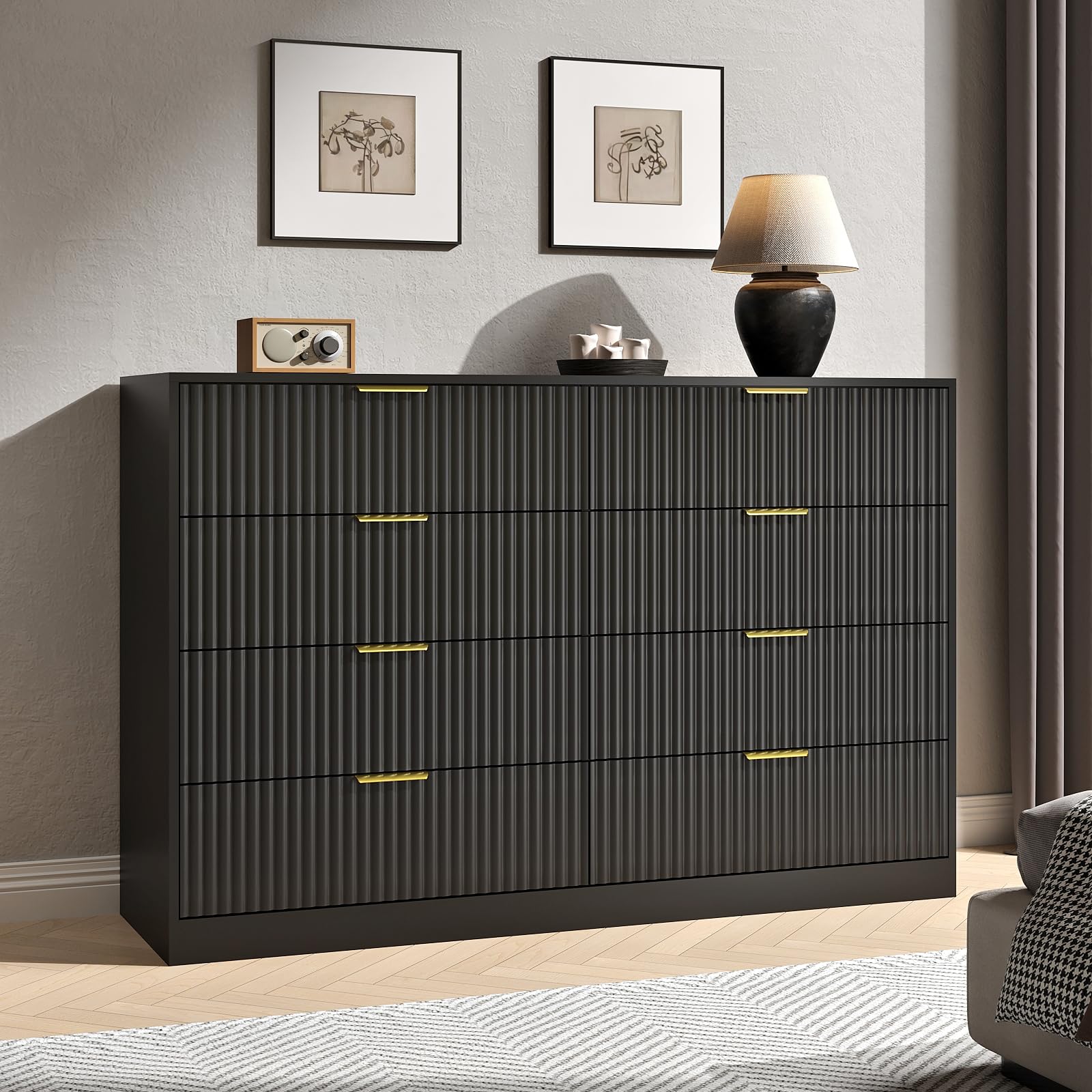 8 Drawer Dresser for Bedroom, 55" Wide Fluted Wood Dresser, Black