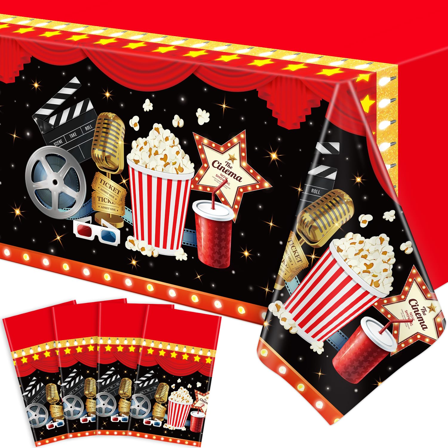 4 piezas de manteles de noche de película temática de cine decoraciones de fiesta alfombra roja manteles palomitas de maíz mantel entrega de premios se muestra ahora tema cumpleaños accesorios 130 x