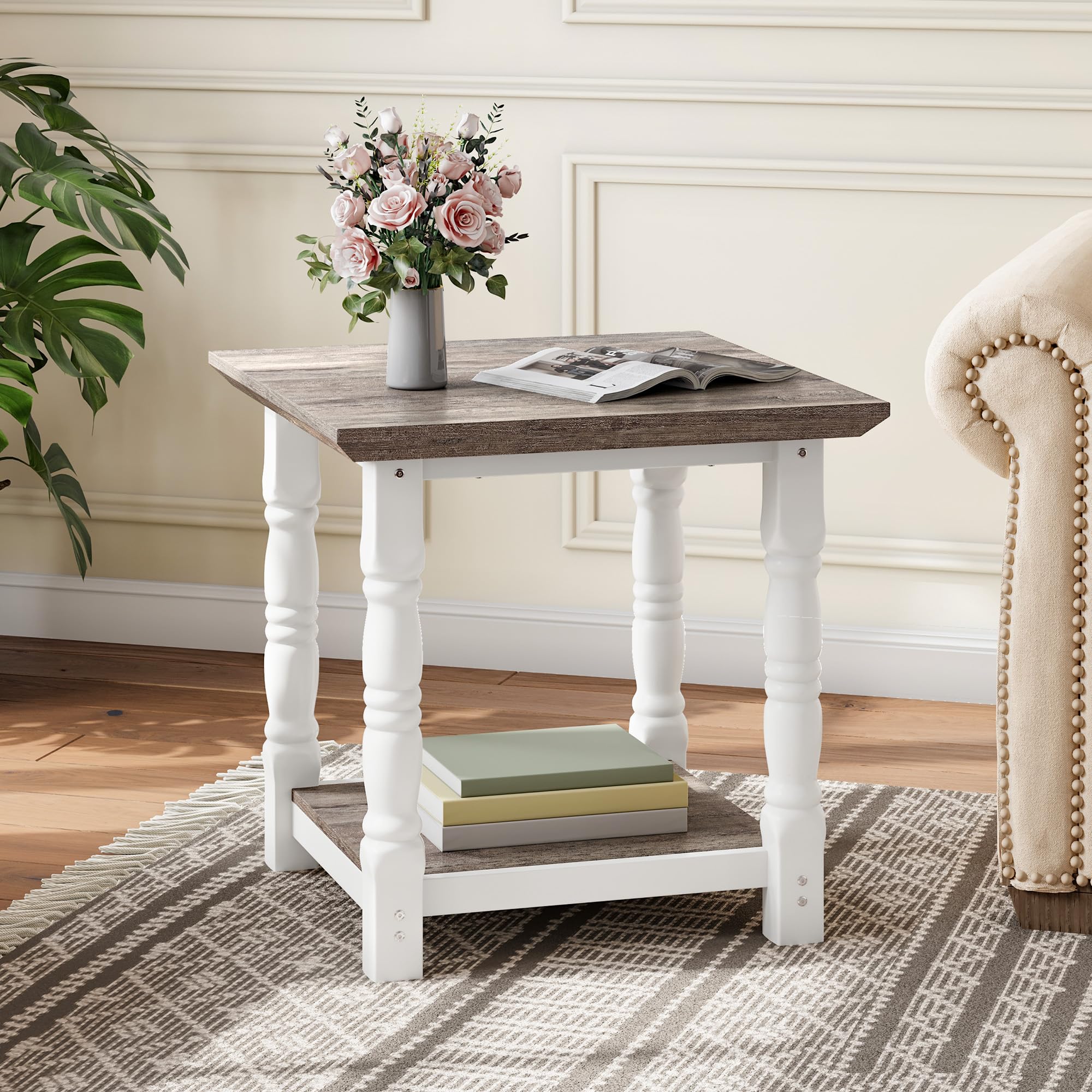 Farmhouse Square Coffee Table, Antique Accent Side Table with Floor Shelf, 23.6"x 23.6" Living Room Furniture, Vintage Ivory & White