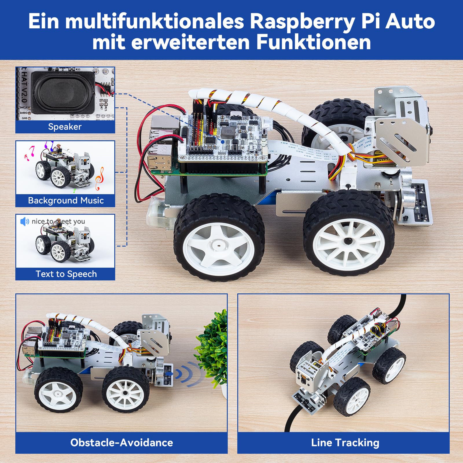 SunFounder Picar-X KI-Videoroboter-Car-Kit für Raspberry Pi 5/4/3B+/Zero 2w,LLMs ChatGPT-4o/Gemini/Grok,Sprach- und Videoerkennung,Python,Scratch,Kamera,Akku (RPI Nicht im Lieferumfang enthalten)