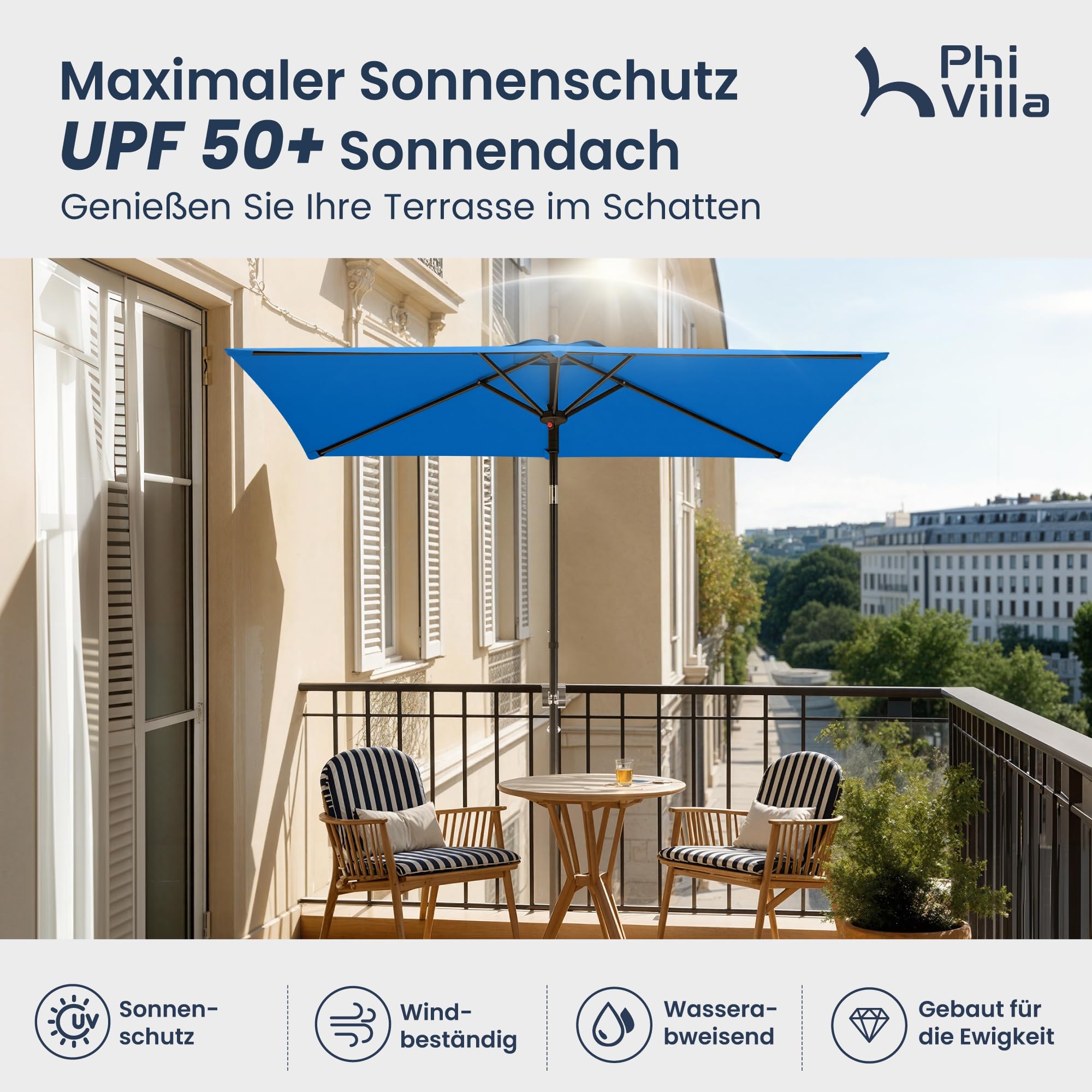 PHI VILLA 210x140x220cm Sonnenschirm Eckig mit Klemme, Gartenschirm Kippbar Windfest Stabil zum Mitnehmen, UV50+ Schutz für Balkon Terrasse Balkongeländer Tisch