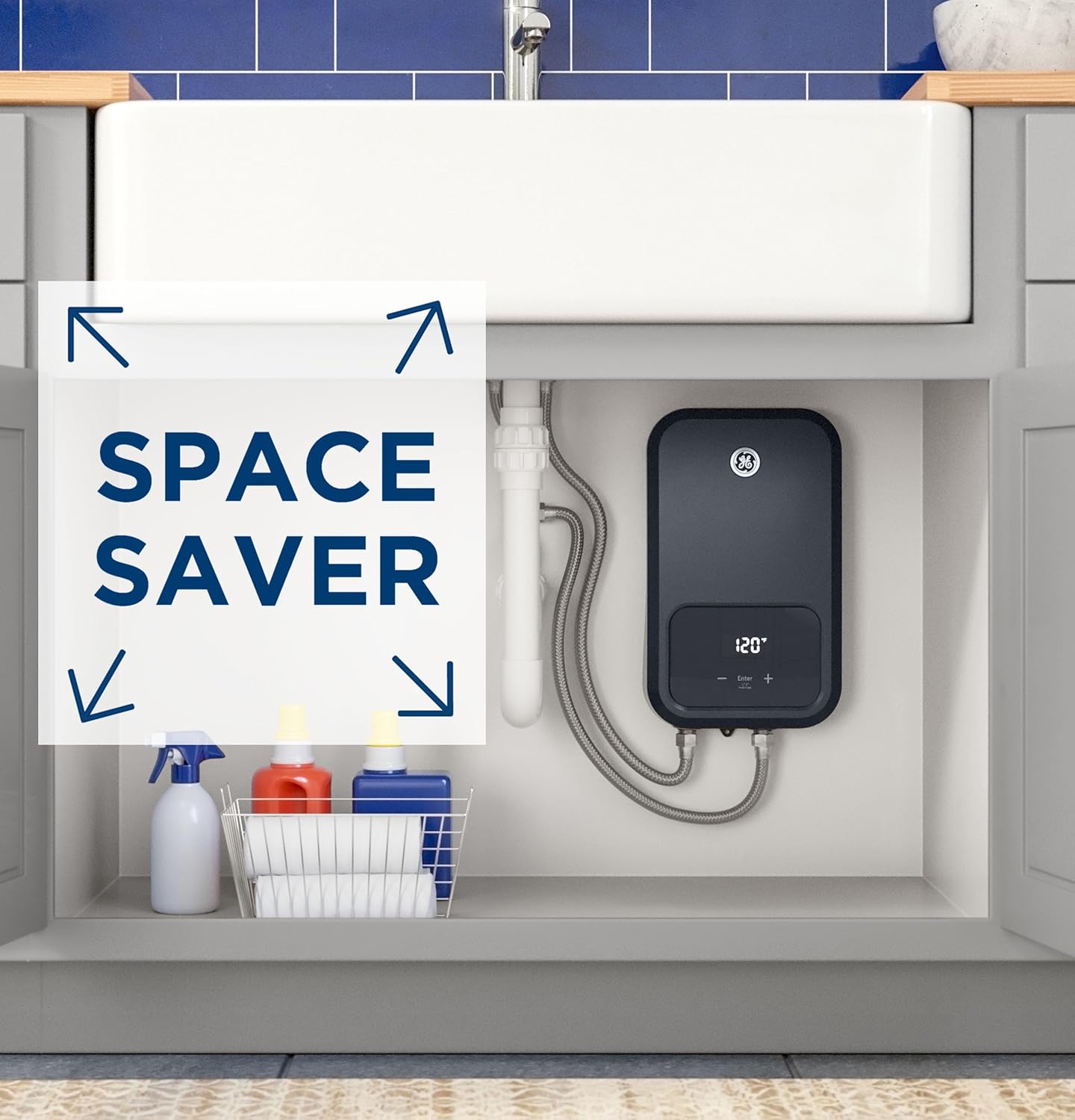 GE Appliances Tankless Electric Water Heater installed under a sink