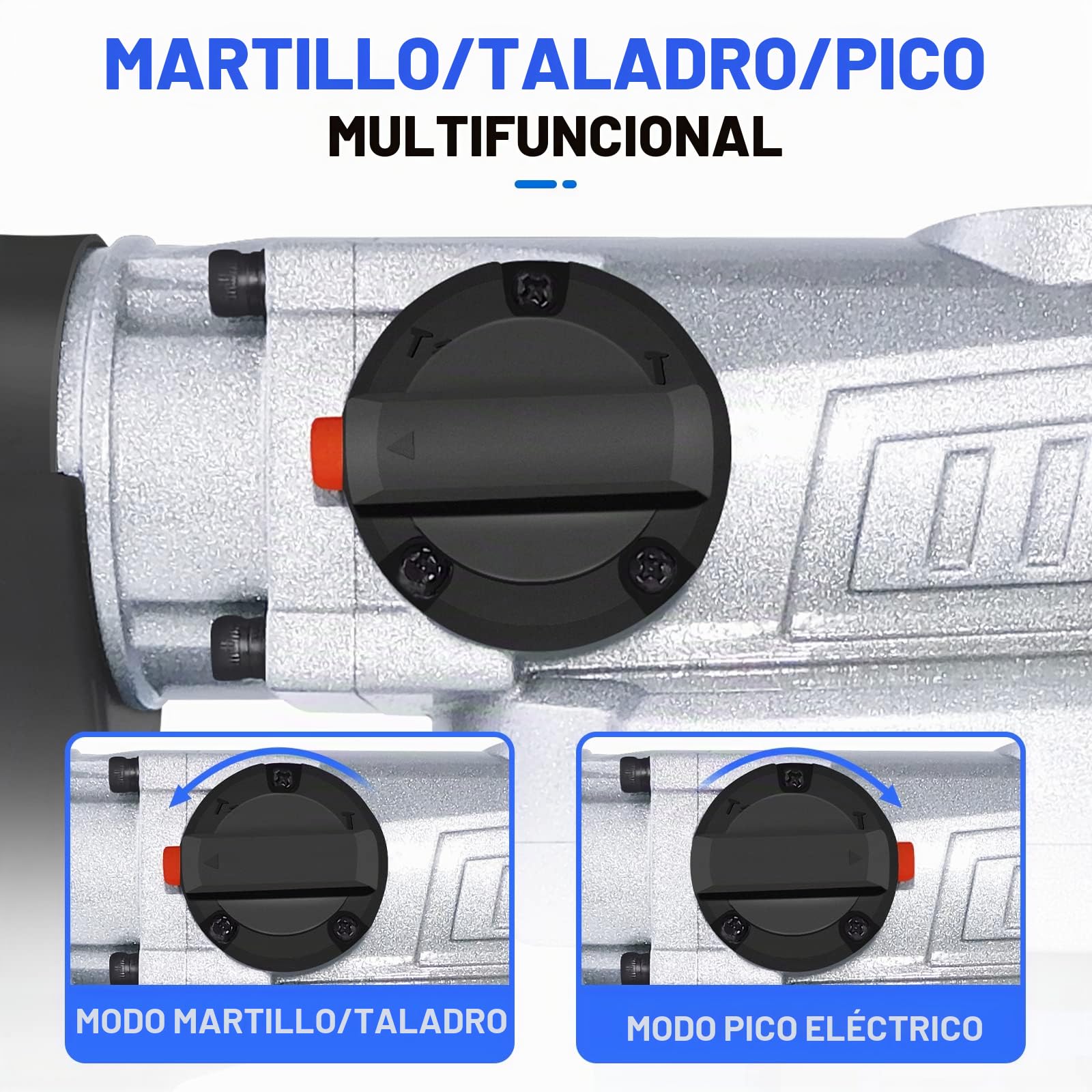 Kit de martillo de demolición eléctrico 1500 W con mango giratorio de 360°, 6 velocidades variables, con grasa, cincel, brocas