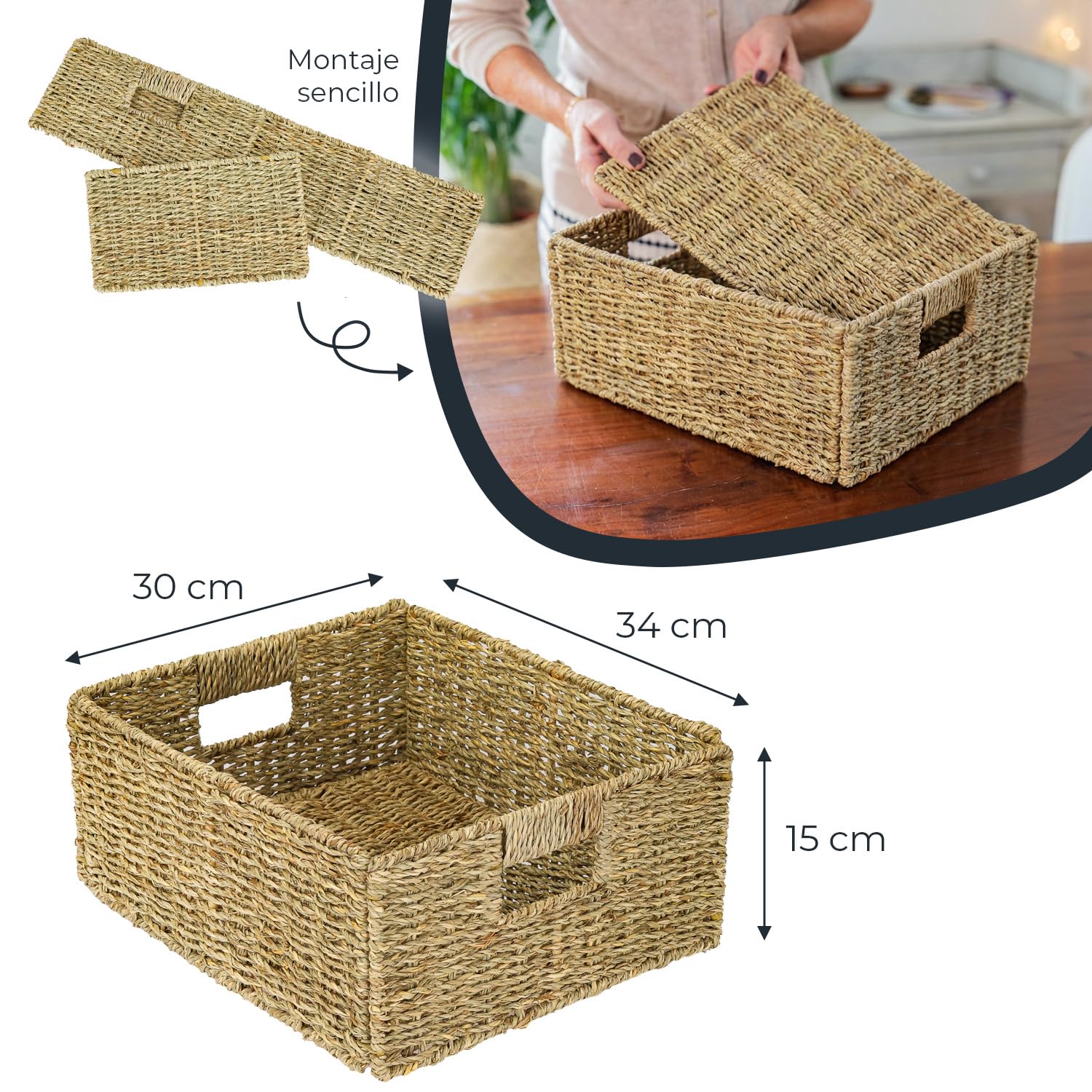HMF Cesta de almacenamiento compatible con KALLAX medio compartimento, cesta trenzada de algas marinas con asas | set de 2 | 30 x 34 x 15 cm | Natural