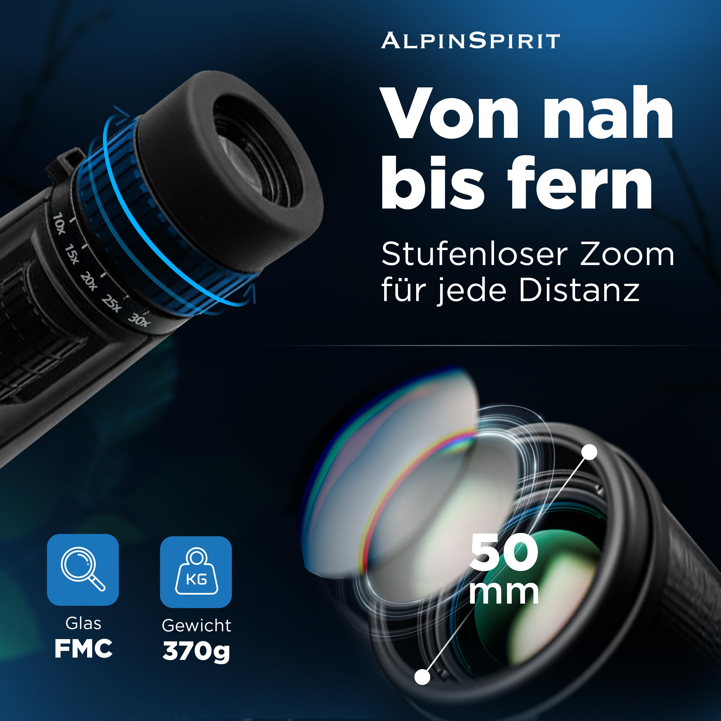 Zoom Monokular 10-30x50 mit Stativ & Handschlaufe [IPX4,FMC & BAK4],geeignet für Erwachsene,HD Weitsicht Fernrohr,Monocular, wasserabweisend,für Jagd,Wandern,mit Tasche schwarz