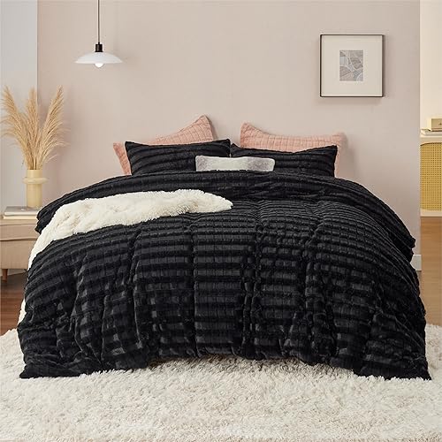 Bedsure Juego de funda de edredón esponjoso, funda de edredón de felpa ultra suave tamaño Queen, juegos de cama cálidos y mullidos de piel sintética