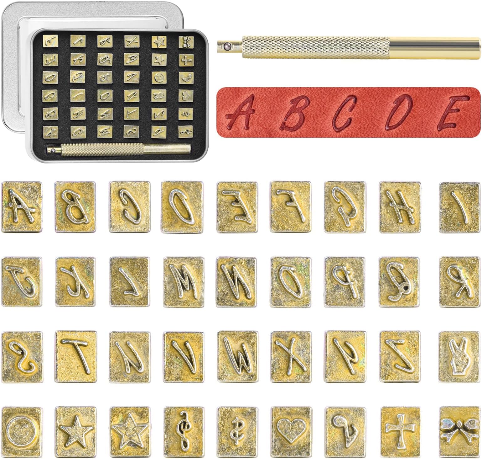BESTNULE 37pcs 1/4“/6mm Leather Stamping Tool, Stamping Tool Set, 26PCS Capital Letter+ 10pcs Symbols+ 1 Handle for Leather Craft