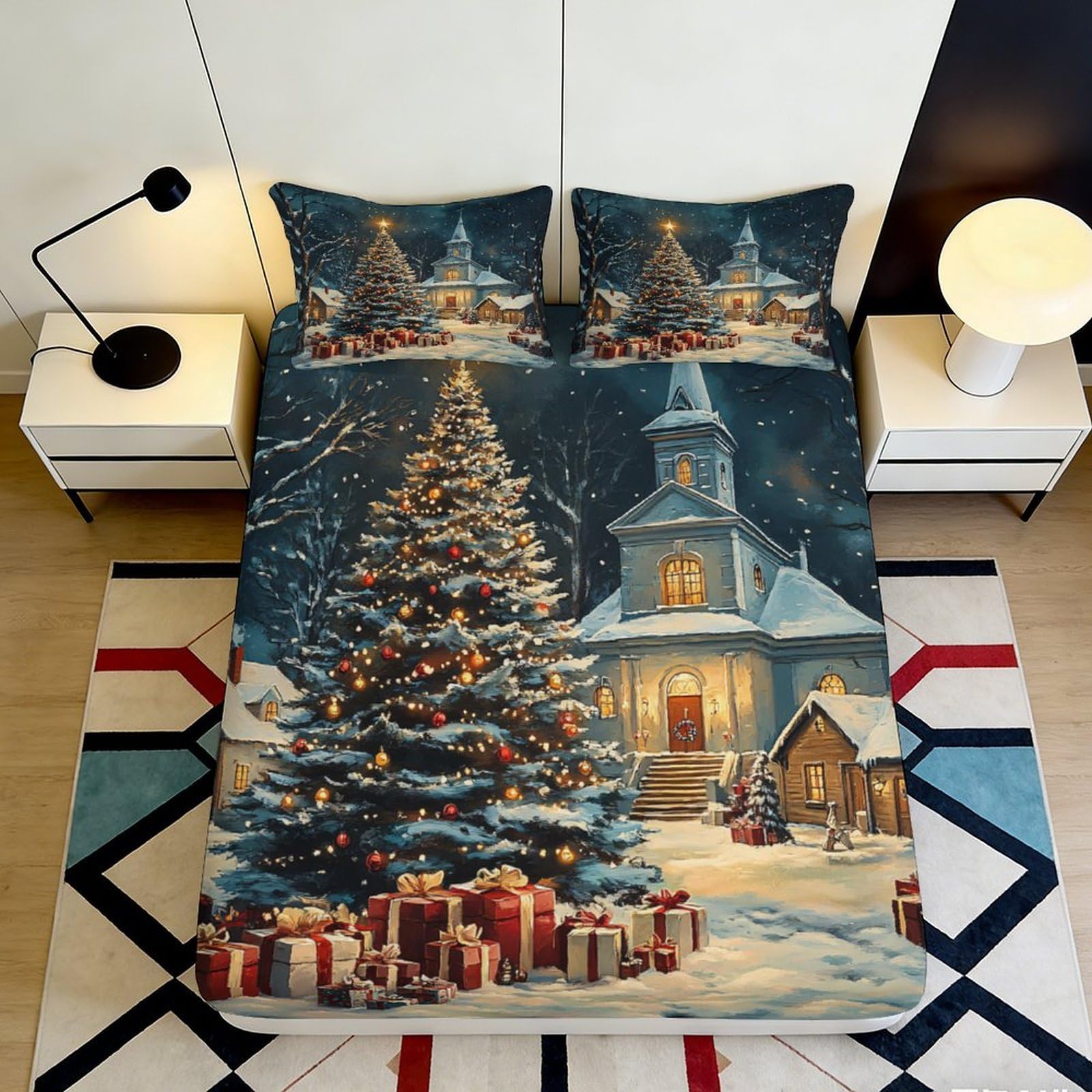 3D Printed Christmas Tree Fitted Sheet Microfiber Soft Breathable Winter Snow Mattress Cover for Bedroom Dormitory Guest Room Mattress Protection Decor 160x200x25cm
