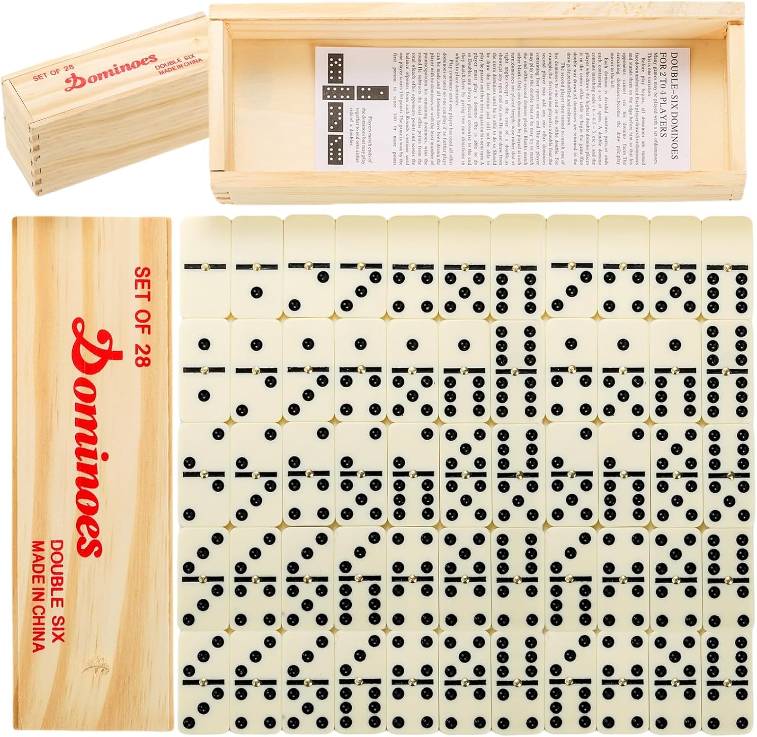 56 PCS Dominoes Set for Adults, Professional Domino Tiles with Spinner, Double 6 in 2 Portable Wooden Case, 28 Tiles Domino Travel Set for Family Numbers Table Board Games, 2-8 Players