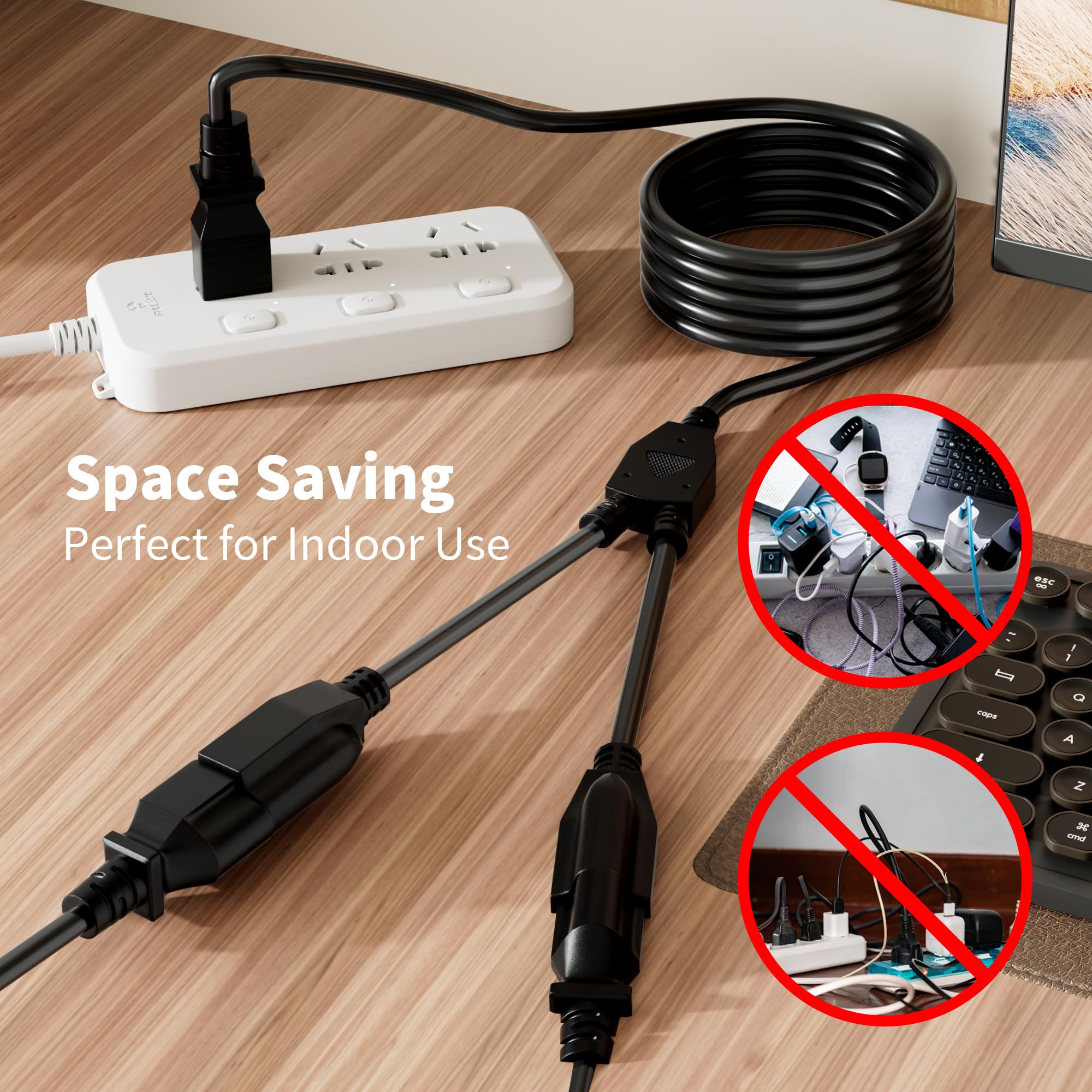 2 Way Power Cord Splitter Cable-3 Prong 1 to 2 Extension Cord-Outlet Saver-Elecan Male to Female Y Splitter Power Extension Cable Strip–UL Certified SJTW 16 Gauge 13 A/125 V–1.2 Feet Black