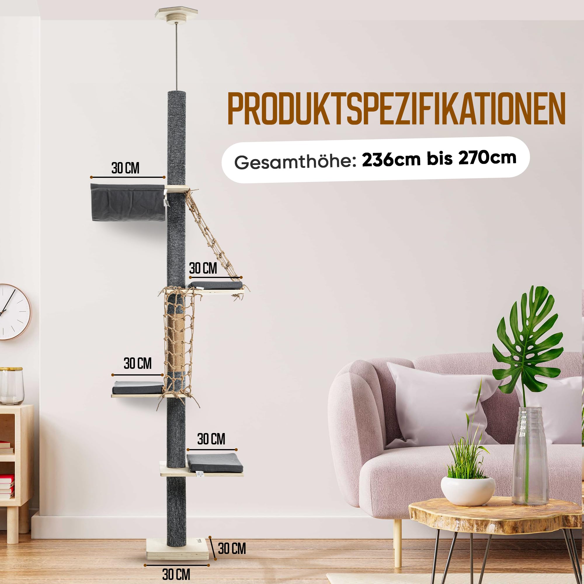 Kratzbaum Deckenhoch mit Hängematte & Kletternetz| Höhenverstellbar 236–270 cm | Kratzbaum Deckenspanner mit 5 Plattformen | Schmal & platzsparender Indoor-Kletterturm aus Holz für Katzen