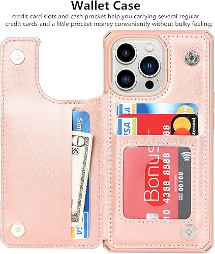 Miniatura 5 de iCoverCase Funda tipo cartera para iPhone 13 Pro con ranuras para tarjetas bloqueo RFID en relieve de piel sintética de alta calidad con función